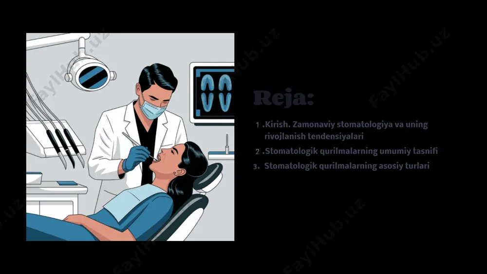 ing xavfsizligi va qulayligi qulaylik stomatologik stullar bemorlar uchun qulay bo'lishi kerak. xavfsizlik qurilmalar ishlatishda xavfsiz bo'lishi kerak. 7 stomatologik qurilmalarni tanlashda e'tibor qaratish lozim bo'lgan jihatlar sifat qurilmaning sifati yuqori bo'lishi kerak. xavfsizlik qurilma xavfsizlik standartlariga mos kelishi kerak. narx qurilmaning narxi stomatologiya klinikasining byudjetiga mos kelishi kerak. 8 stomatologik qurilmalarga qo'yiladigan zamonaviy talablar yuqori aniqlik zamonaviy stomatologik qurilmalar yuqori aniqlikka ega bo'lishi kerak. minimal invazivlik davolash jarayoni minimal invaziv bo'lishi kerak. bemorga qulaylik qurilmalar bemorlar uchun qulay bo'lishi kerak. 9 stomatologik qurilmalarni modernizatsiya qilish va ularga texnik xizmat ko'rsatish 1 yangilash stomatologik qurilmalarni muntazam ravishda yangilash kerak. 2 ta'mirlash buzilgan qurilmalarni tezkor ta'mirlash kerak. 3 texnik xizmat qurilmalarni muntazam texnik xizmat ko'rsatish kerak. 10 stomatologiya sohasida zamonaviy innovatsiyalar 1 robot stomatologiya robotlar stomatologiya jarayonlarini avtomatlashtirishga yordam beradi. 2 3d bosma 3d bosma texnologiyasi stomatologik protezlar va implantlarni ishlab chiqarishda qo'llaniladi. 3 sun'iy intellekt sun'iy intellekt stomatologiya diagnostikasi va …