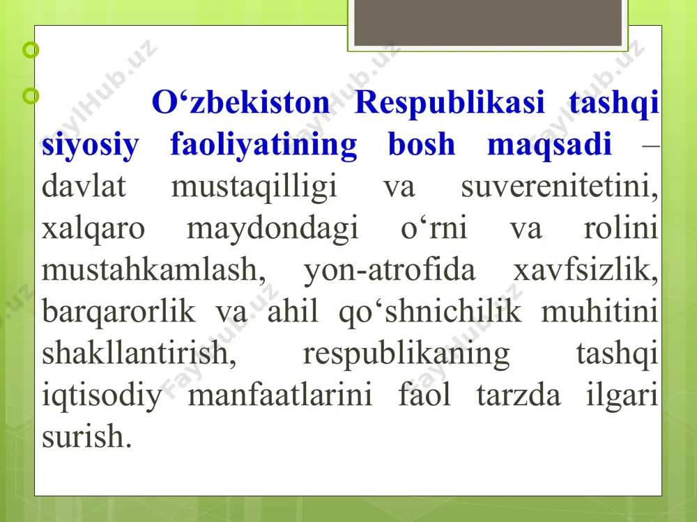 ik va barqarorlikni ta’minlashga, mintaqaviy xavfsizlikning muhim muammolarini hal etishga, shu jumladan, afg‘onistondagi vaziyatni hal qilishga ko‘maklashishga qaratilgan. o‘zbekiston mintaqaviy savdo-iqtisodiy hamkorlikni mustahkamlash, mintaqaning transport va tranzit infratuzilmasini rivojlantirish, markaziy osiyo transchegaraviy daryolarining suv-energetika resurslaridan oqilona va kompleks foydalanish hamda mintaqaning ekologik barqarorligini ta’minlash, chegaralarni delimitatsiya va demarkatsiya qilish jarayonini yakuniga yetkazish uchun barcha sa’y-harakatlarni amalga oshiradi. tashqi siyosat - davlatning va jamiyatdagi boshqa siyosiy institutlarning xalqaro darajada o‘zining manfaatlari va ehtiyojlarini hamda o‘zaro manfaatlar uyg’unligini amalga oshirish bo‘yicha faoliyatidir. u davlatlar bilan diplomatik munosabatlar o‘rnatish, xalqaro tashkilotlar qoshida vakolatxonalarini ochish yoki unga a‘zo bo‘lish, turli darajalarda o‘zaro aloqalar o‘rnatish shakllarida amalga oshirib boriladi. tashqi siyosat-davlatlar va xalqlar o‘rtasidagi o‘zaro munosabatlarni xalqaro miqyosda jahon maydonida tartibga solib boshqarib turishini anglatadi. tashqi siyosatga xos bo‘lgan umumiy aloqadorlikning mohiyati quyidagilar bilan belgilanadi: birinchidan, siyosatning qanday kuchlar tomonidan ishlab chiqilishi barcha davlatlarga xos xususiyatdir. ikkinchidan, davlatlar tomonidan olib boriladigan tashqi siyosat ma‘lum bir …