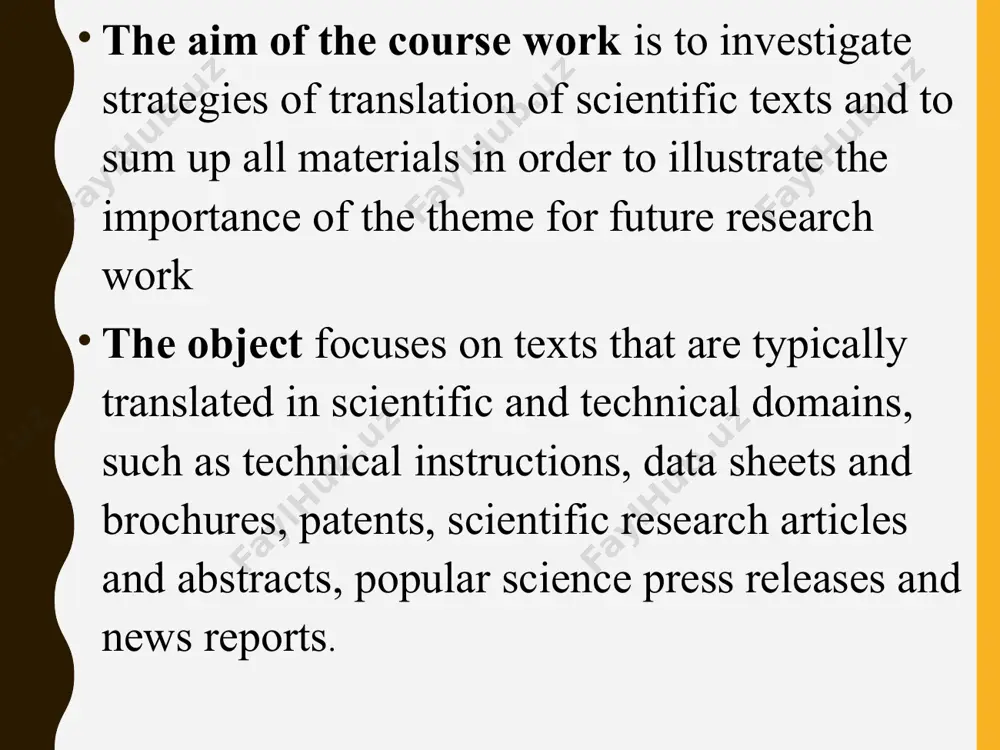 ter bethany thivierge (2002:188) “the work of scientific translators is to achieve one primary goal: to write information in a clear, concise, and accurate manner”. techniques 1. be clear. clarity and concision. finding the proper words can be difficult at times, and it can lead to text repetition because synonyms of certain terms can be ambiguous and more suited to literary work. it can be difficult to avoid repetitions at times. this is why the translator needs a scientific background so that she or he can play about with terminology without affecting the sense of the text 2. keep an eye on the mistakes in the original text. study the document the most carefully. it is recommended that the translator correct any errors in brackets or footnotes. to begin, you become familiar with the language and style of this type of work.second, you'll be up to date on the most …