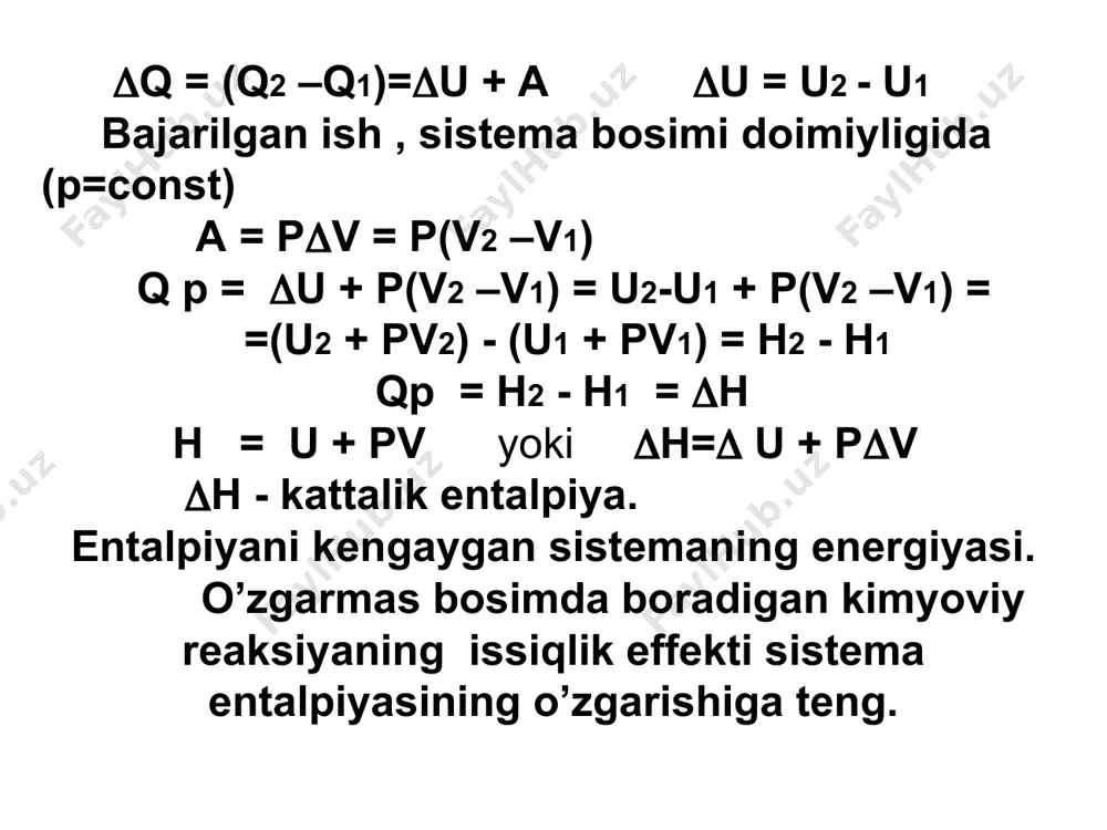 t=const. bittasi o’zgaruvchan) parsial molyar potensial (gi,fi) yoki kimyoviy potensial (i) deyiladi. i modda tabiatiga, p, t va c bog’liq. ideal gazlarda i t=const bo’lganda dg=vdp teng. v=rt|p , dg=di=rt dpi|pi. dg=vdp teng. v=rt|p , dg=di=rt dpi|pi t=const. integrallansa: i=rt lnpi+const; i= i o+rt lnpi st. sh.da const=i o- standart kimyoviy potensial deyiladi. real gazlardan i hisobga olishda bosim o’rniga fi fugitivlik yoki uchuvchanlik olinadi. uchuvchanlik bosim bilan bir xil o’lchov birligiga ega va bosimga proporsionaldir: fi= p - uchuvchanlik koeffisienti deyiladi, va po, 1. eritmalarda uchuvchanlik o’rniga aktivlik olinadi. aktivlik konsentrasiyaga to’g’ri proporsinal: a= c; -aktivlik koeffisienti. i= i o+rt ln a a =1 holat uchun i o – standart kimyoviy potensial. aktivlik koeffisienti real eritmalarni ideal eritmalardan farqlash. etiboringiz uchun rahmat! å å d - d = d dalar dast f o r mahsulotla f o reaksiya h h h o mod . 298 , 298 , å …