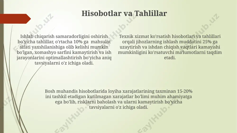 5% tejashga erishish uchun, samarali resurslarni boshqarish va xarajatlarni tahlil qilish jarayonlarini optimallashtirish kerak. loyihalarni boshqarishda muvaffaqiyat darajasi, o'rtacha hisobda, aniq rejalashtirish va 5 dan ortiq mutaxassis jamoasining ishtiroki bilan 70% ga yetadi. katta hajmdagi loyihalarda, 3 bosqichli monitoring tizimi (rejalashtirish, amalga oshirish va baholash) loyihaning o'z vaqtida va sifatli bajarilishini ta'minlaydi. xavfsizlik va sog'liqni saqlash yillik xavfsizlik tekshiruvlarida aniqlangan 80 dan ortiq xavfsizlik nuqsoni bartaraf etildi, natijada ish joyidagi xavfsizlik darajasi sezilarli darajada yaxshilandi. ishlab chiqarishdagi baxtsiz hodisalar soni o'tgan yilga nisbatan 22% ga kamaydi, bu sog'liqni saqlash va xavfsizlikka oid yangi dasturlarni muvaffaqiyatli qo'llashni ko'rsatadi. xavfsizlik va sog'liqni saqlash bo'yicha 30 dan ortiq standart operatsion protsedura (sop) ishlab chiqilgan va joriy etilgan bo'lib, ular ishchilarning jarohatlanish xavfini 15% ga kamaytirdi. sifatni nazorat qilish iso 9001 standartiga muvofiq sifatni boshqarish tizimi sertifikatsiyasi bozor raqobatbardoshligini 10-15% ga oshirishi mumkin. mahsulot sifatini nazorat qilishda 6 sigma metodikasi yordamida o‘rtacha 3,4 ta …