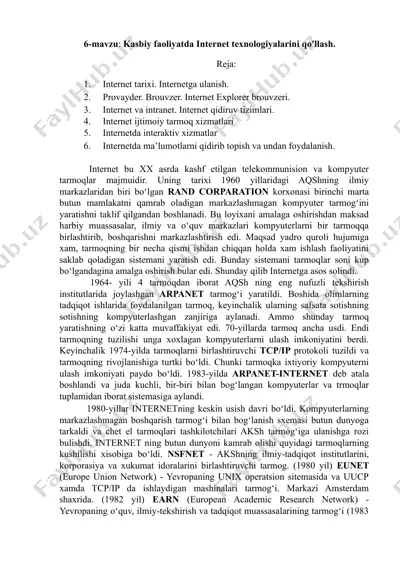 internet tarixi va kasbiy faoliyatda uning qo'llanilishi — DOCX