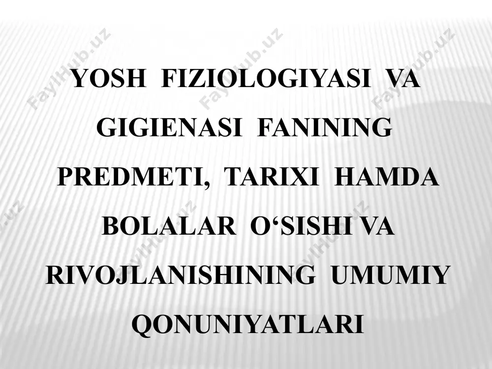 hujayralarining takomillashib, o‘smirlik va etuk yoshdagi odamlarga xos bo‘lgan bir muncha murakkab to‘qima va organlarga ega bo‘lishidir organizm jismonan, aqlan va jinsiy rivojlanadi, ya’ni, murakkablashadi. organizm o‘sish va rivojlanishida barcha etaplarni bolalik, o‘smirlik, o‘spirinlik, yoshlik, etuklik davrlarini bosib o‘tadi. o‘sish bu organizmning miqdor ko‘rsatkichi, rivojlanish sifat ko‘rsatkichi hisoblanadi. bu ikki jarayon notekislik, uzluksizlik, geteroxronik va akseleratsiya jarayonlari asosida yuzaga chiqadi o‘sish va rivojlanish bo’yning o’sishi bolaning bir yoshigacha bo‘yining uzunligi 25 sm. ikkinchi yilida 10 sm ga o‘sadi. 6-7 yoshgacha bo‘yning o‘sishi yanada sekinlashadi. boshlanchg‘ich maktab yoshida bola bo‘yi uzunligi 7-10 sm ga o‘sadi. jinsiy etilish munosabati bilan qizlarda 12 yoshdan, o‘g‘il bolalarda 15 yoshdan boshlab bo‘yiga o‘sish tezlashadi. bo‘yiga o‘sish qizlarda 18-19, yigitlarda 20 yoshda to‘xtaydi. butun o‘sish davrida oyoqlarning uzunligi 5 marta, qo‘l uzunligi 4 barobar, gavda uzunligi 3 barobar, bosh kattaligi 2 barobar ortadi. таnа vaznini o’zgarishi bolaning bir yoshigacha bo‘yining uzunligi 25 sm. ikkinchi yilida 10 …