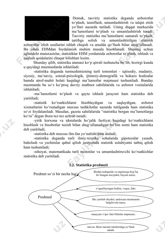 maydi. u to‘plam bo‘yicha umumiy ko‘rsatkichlarni olish uchun asos sifatida statistika diqqatini tortadi. masalan, nikohni qayd qilish oila quruvchi ikki yosh uchun ahamiyat kasb etadi, chunki ularning oilaviy huquq va vazifalarini belgilaydi, shu jihatdan davlat tashkiloti-zags larni ham qiziqtiradi, chunonchi ular huquqiy oila munosabatlari ustidan nazorat olib borish uchun tuzilgan. bu fakt statistika uchun qayd qilingan nikohlar soni, yangi oilalar a’zolarining yoshi, yashash manbaalari va xokazolar haqidagi umumiy ko‘rsatkichlarni olish jihatidangina ahamiyatga ega. garchi faktlar gung bo‘lsa ham, ularni tushunish kerak, talqin eta bilish lozim. statistikaga ana shunday yo‘sinda yondashish natijasida bu so‘zning ma’nosi boyidi, u mazmunan yangi jihatga ega bo‘ldi. statistika - bu fan tarmog‘i, amaliy faoliyat sohasi, bilim yo‘nalishi, bilish quroli. statistika deganda ma’lumotlar to‘plash jarayoni ham ularni qayta ishlab, xolisona va aniq talqin etish qoidalari ham tushuniladi. ana shu mazmunda statistika ham fan, ham faoliyat sohasi, ham kasb turidir. u uyushtirilgan bilim tarmog‘i ham, maqsadlarni amalga oshirish …