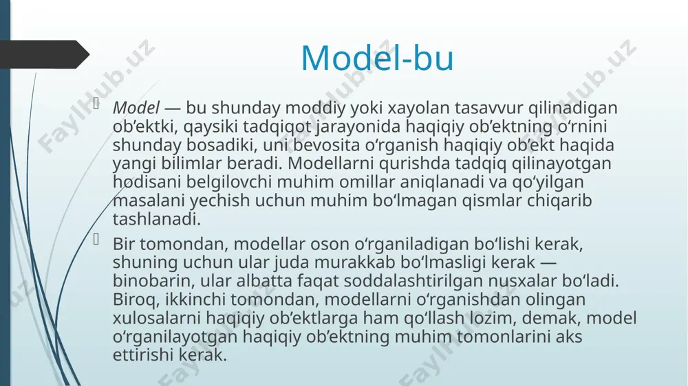 majmuidan iborat. o‘z navbatida, belgili abstrakt modellar matematik va logik tillar shaklidagi matematik logik modellarni ifodalaydi. matematik modellashtirish turli xil tabiatli, ammo bir xil matematik bog‘lanishlarni ifodalaydigan voqea va jarayonlarga asoslangan tadqiqot usulidir. hozirgi paytda matematik modellashtirish iqtisodiy tadqiqotlarda, amaliy rejalashtirishda va boshqarishda yetakchi o‘rin egallib, kompyuterlashtirish bilan chambarchas bog‘langan. ekonometrik modellar ekonometrik model turlari ekonometrik modellarning turli toifadagi bir biridan modellashtirish obyekti mazmuni va matematik ko’rinishi jihatdan farqli qiladigan xillari ekonometrik modellashtirish bosqichlari birinchi bosqich – spetsifikatsiyalash - iqtisodiy muammoni qo’yilishi – asosiy omillar guruhi tanlanadi, iqtisodiy ma’lumot to’planadi, asosiy omil va ta’sir etuvchi omillar guruhi belgilanadi; korrelyatsion tahlil usuli yordamida ekonometrik modelda qatnashadigan omillar aniqlanadi. iqtisodiy jarayon har tomonlama nazariy, sifat jihatdan tahlil qilinadi va uning parametrlari, ichki va tashqi informatsion aloqalar, ishlab chiqarish resurslari, rejalashtirish davri kabi ko’rsatkichlar aniqlanadi ikkinchi bosqich – identifikatsiya qilish. bu bosqichda izlanayotgan noma’lum o’zgaruvchilar qaysi, qanday maqsadni ko’zda tutadi, natija nimalarga olib …