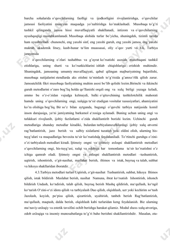 i. ko’rinib turibdiki, o’qituvchi o’quvchilar bilan tarbiya jarayonini olib borganda turli xil usul va metodlarni qo’llaydi. tarbiya metodlarining xilma xilligi ularni turlarga ajratish, tasnif qilish zarurligini ko’rsatadi. tarbiyaviy natijalarga erishishni istagan har bir o’qituvchi (tarbiyachi) tarbiya metodlari va ularning mohiyatini puxta o’zlashtirib olishi maqsadga muvofiqdir. birinchi guruh metodlarining vazifasi o’quvchilarning ijtimoiy ongida hayot, axloq, mehnat qilish munosabatlari qoida va me‘yorlari haqida tushuncha hosil qilish va bilim berishdan iborat. tarbiya jarayonida ushbu qoida va me‘yorlar o’quvchi shaxsining e‘tiqodi, ishonchi, hayotiy qarashlari va tajribasiga aylanadi. ushbu guruhga ma‘naviy, axloqiy, estetik, mafkuraviy, huquqiy, jismoniy, ekologik, iqtisodiy va h.k. mazmundagi suh batlar hamda namuna ko’rsatish metodlarini kiritish mumkin. ikkinchi guruh metodlarining yordamida o’quvchilarda ma‘naviy mazmunga oid odatlar hosil qilinadi. o’quvchilar xulqida ijtimoiy tarbiyaning mazmuniga muvofiq ma‘naviy odatlar asosida, faoliyat zaminida tarkib topadi. faoliyat o’quvchilarning ijtimoiy munosabat va ijtimoiy xulq-atvor tajribasi bilan boyituvchi muhim manba bo’lib hisoblanadi. ikkinchi guruh metodlari tarbiya metodlarining tavsiflanishi ijtimoiy ongni …