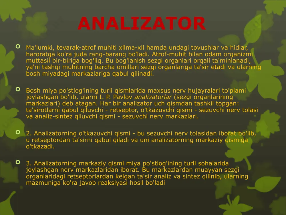 i - ko'z yordamida odam tevarak-atrofdagi buyumlarning rangi, tuzilishi, hajmi, bir-biridan farqini ajratadi; o'simlik va hayvonot olamini o'rganadi; rassomlik, me'morlik, haykaltaroshlik san'atlarining mahsulotlaridan bahramand bo'ladi, tabiat go'zalliklaridan zavqlanadi ko’zning tuzilishi 1 - ko'z soqqasining oq pardasi; 2 - ko'z soqqasining shox pardasi; 3 - ko'zning qon - tomir pardasi; 4 - ko'zning kamalak pardasi; 5 - ko'zning oldingi bo'shlig'i (suyuqlik bilan to'lgan); 6 - ko'z qorachig'i; 7 - ko'z gavhari; 8 – gavharni o'rab turuvchi kipriksimon muskul; 9 - shishasimon tana; 10 - ko'zning to'rpardasi; 11 - ko'rish nervi. ko'rish o'tkirligi. ko'rish o'tkirligi ikkita buyum bir-biriga qo'shilib ketmasdan, alohida-alohida ko'rinishi uchun zarur bo'1gan ular orasidagi eng kichik masofa bilan belgilanadi. ko'rish o'tkirligi normal bo'lgan odam 60 sekund burchak hosil qilib joylashgan ikkita nuqtani yaqqol aniqlay oladi. ko'rish o'tkirligi maxsus golovin jadvali yordamida aniqlanadi. qiziqarli ma’lumotlar 1. odamning ko'rish qobiliyati boyqushnikidan 500 marta past. boyqush o'z o'ljasini to'la qorong'ulikda 2 metr …