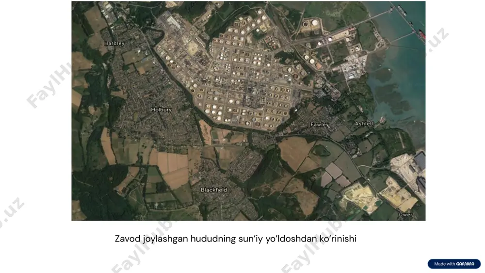 ilanishlar past oltingugurtli dizel 800 million funt sterlinglik yangi ishlab chiqarish korxonasi qurilmoqda, bu esa havo ifloslanishini kamaytirishga xizmat qiladi. vodorod zavodi yangi vodorod zavodi qurilishi kelajakda barqaror aviatsiya yoqilg‘isini ishlab chiqarish imkoniyatini yaratadi. texnologik yangilanishlar flaringni kamaytirish va energiya samaradorligini oshirishga qaratilgan. 18 fawleyning ijtimoiy mas'uliyati va jamoa bilan aloqalari fawley zavodi o'zining ijtimoiy mas'uliyatini tushunadi va mahalliy jamoa bilan mustahkam aloqalarni o'rnatishga intiladi. mahalliy bandlik: xodimlarning 99%i mahalliy hududdan bo'lib, bu jamoaning iqtisodiy rivojlanishiga hissa qo'shadi. doimiy muloqot: atrof-muhitni muhofaza qilish bo'yicha jamoatchilik bilan doimiy ma'lumot berish va ochiq muloqot olib boriladi. o'quv dasturlari: trening va malaka oshirish dasturlari orqali xavfsizlik va ekologik ongni oshirishga e'tibor qaratiladi. 19 muammolarni hal qilish uchun amaliy yechimlar 1 flaringni kamaytirish yuqori samarali texnologik yangilanishlar va jarayonlarni optimallashtirish orqali flaringni minimallashtirish. 2 monitoring va nazorat suv va havo sifatini doimiy monitoring qilish va atrof-muhit agentliklari bilan hamkorlikda qat'iy nazoratni ta'minlash. 3 jarayonlarni …