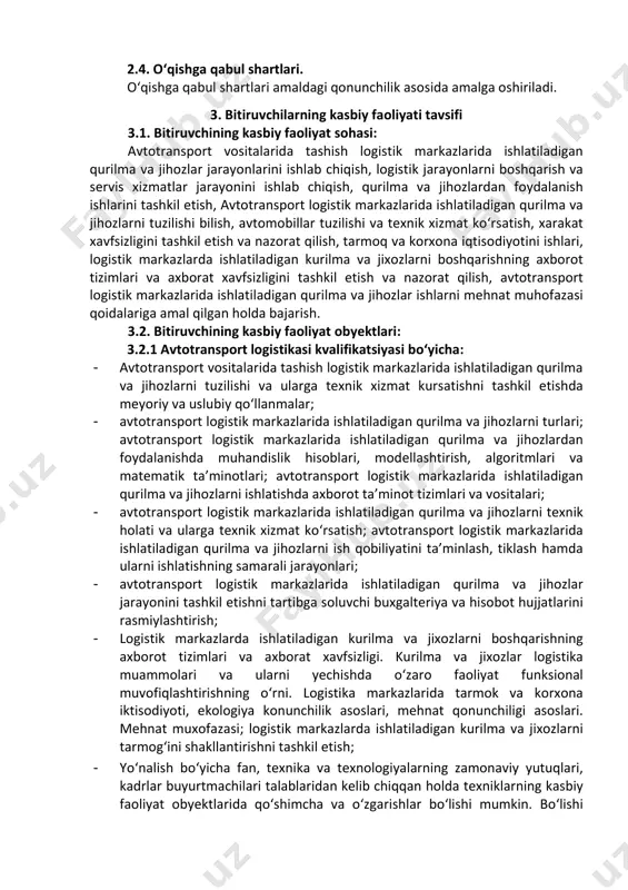 ort logistik markazlarida ishlatiladigan qurilma va jihozlardan fodaylanishni tashkil etish; - avtotransport logistik markazlarida ishlatiladigan qurilma va jihozlarni tizimi buyicha transport jarayonlarini rejalashtirishni tashkil etish (gps tizimi orkali); - avtotransport logistik markazlarida ishlatiladigan qurilma va jihozlarda yuklarni saklash, tashish shart-sharoitini ta’minlash xamda ortish-tushirish ishlarini rejalashtirish. - avtotransport logistik markazlarida ishlatiladigan qurilma va jihozlarda buyurtmalarning yuridik va jismoniy taqsimlanishi va yuklarni keltirishni nazorat qilish. - avtotransport logistik markazlarida ishlatiladigan qurilma va jihozlarga servis xizmat kursatishni tashkil etish. 3.3.2 “в” yoki “вс” toifali аvtomobil hаydovchisi kvalifikatsiyasi bo‘yicha: - yo‘lga chiqishdan oldin transport vositasini ko‘rikdan o‘tkazish va harakatlanish jarayonida transport vositasining texnik holatini nazorat qi- lish; - harakatlanish jarayonida yuzaga kelgan nosozliklarni xavfsizlik texnikasi talablariga rioya etgan holda bartaraf etish; - transport vositasini texnik qarovida hamda yuk ortish, tushirishda xavfsizlik texnikasi qoidalariga rioya etish; - avtomobillarni boshqarish. 4. ta’lim dasturini о‘zlashtirgan bitiruvchining umumiy va kasbiy kompetensiyalariga qо‘yiladigan talablar 4.1. avtotransport logistikasi mutaxassisligining bitiruvchilari …