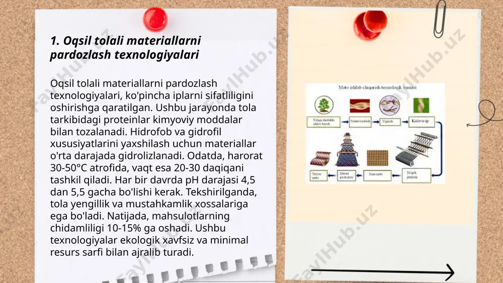 otexnologik ishlash mavzusida biotexnologiya sohasida matolarning sifatini oshirish uchun tadqiqotlar o'tkaziladi. ushbu jarayonda oqsil tolalarining mustahkamligi va elastikligini yaxshilash uchun maxsus fermentlar va mikroorganizmlar qo'llaniladi. masalan, ipak va jun tolalari uchun fermentativ ishlov berish usuli qo'llanib, ularning yumshoqligi va qattiqligi boshqariladi. shuningdek, biotexnologik usullar yordamida matolardagi tabiiy bo'yoq moddalarining qabul qilinish darajasini oshirish va bakteriyalarga qarshi xususiyatlarini kuchaytirish mumkin. bu usullar ishlab chiqarish xarajatlarini kamaytirishga va ekologik tozalikni saqlashga ham xizmat qiladi. ... t.me/slaydai_bot 7. oqsil tolali materiallarning to'qimaga ta'siri 7. oqsil tolali materiallarning to'qimaga ta'siri to'g'risida ma'lumot: oqsil tolali materiallar odatda tabiiy manbalardan, masalan, ipak va jun kabi hayvonlardan olinadi. bu materiallar teri bilan bevosita aloqa qilganda, qulaylik darajasini oshiradi. oqsil tolali matolar gigroskopikligi yuqori bo'lib, ular o'z vaznidan 30% gacha namlikni yuta oladi. ayniqsa, jun matolar issiqlikni yaxshi saqlaydi, shu bilan birga, terini nafas olishini ta'minlaydi. ipak tolalar esa yumshoqligi va tovlanishi bilan ajralib turadi. ushbu materiallar inson …