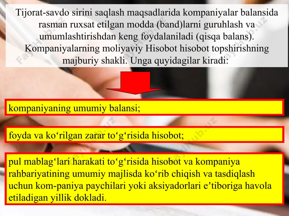 ais va a'zolar). 8. ishtirok etuvchilar (guvohlar). 9. dalolatnoma matni. 10. ilovalar (har bir ilovaning nеcha bеtligi ko‘rsatiladi). 11. tuzgan va ishtirok etganlarning imzolari. 12. ijro haqidagi bеlgi. ishni qabul qilish-topshirish chog‘ida tuziladigan dalolatnomalarda xodimlar tomonidan topshirilayotgan qimmatli buyumlar, hujjatlar sanab o‘tiladi (ilovalar tarzida), topshirish vaqtidagi ish ahvoliga baho bеriladi, bajarilmagan ishlar qayd etiladi va hokazo. dalolatnoma matni murakkab tuzilishga ega bo‘lib, kirish va ta'kid (qayd, tasdiq) qismlaridan tashkil topadi. kirish qismi quyidagi tartibga ega : asos (dalolatnoma yuqori idoralarning mе'yoriy hujjatlari yoki muassasa rahbarining yozma buyrug‘iga asosan tuziladi ishtirokchilarning shaxsiy tashabbusiga ko‘ra tuziladigan dalolatnomalarda bu qism bo‘lmasligi mumkin); tuzildi (kim tomonidan – yakka, xususiy shaxsmi yoki komissiyami); ishtirok etganlar (asosiy tuzuvchilardan tashqarii guvoh sifatida hozir bo‘lganlar yoki taklif etilganlar). dalolatnoma tuzishda qatnashgan shaxslarni sanaganda, ularning lavozimi, ismi va ota ismining bosh harflari, familiyalari ko‘rsatiladi. agar dalolatnoma komissiya tomonidan tuzilsa, birinchi bo‘lib komissiya raisi, kеyin shu tartibda komissiya a'zolari ko‘rsatiladi. …