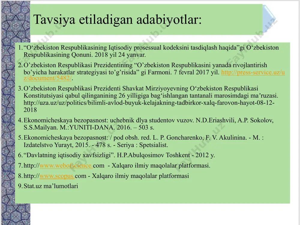 rezidenti shavkat mirziyoyevning oʻzbekiston respublikasi konstitutsiyasi qabul qilinganining 26 yilligiga bagʻishlangan tantanali marosimdagi maʼruzasi. http://uza.uz/uz/politics/bilimli-avlod-buyuk-kelajakning-tadbirkor-xalq-farovon-hayot-08-12-2018 ekonomicheskaya bezopasnost: uchebnik dlya studentov vuzov. n.d.eriashvili, a.p. sokolov, s.s.mailyan. m.:yuniti-dana. 2016. – 503 s. ekonomicheskaya bezopasnost: / pod obsh. red. l. p. goncharenko, f. v. akulinina. - m. : izdatelstvo yurayt, 2015. - 478 s. - seriya : spetsialist. “davlatning iqtisodiy xavfsizligi”. h.p.abulqosimov toshkent - 2012 y. http://www.webofscience.com - xalqaro ilmiy maqolalar platformasi. http://www.scopus.com - xalqaro ilmiy maqolalar platformasi stat.uz ma’lumotlari режа: 1. корхона иқтисодий хавфсизлигини таъминлашнинг мақсади. 2. корхонада иқтисодий хавфсизликни таъминлаш ва корхонанинг тижорат сирини 3. корхонада ходимлар хавфсизлигини таъминлашнинг устувор йўналишлари. корхона (фирма)нинг иқтисодий хавфсизлиги – маъмурият ва персонал томонидан амалга оширилган ҳуқуқий, ташкилий-иқтисодий, молиявий, ижтимоий-иқтисодий ва инженер техник тавсифдаги чора-тадбирлар тизими туфайли вужудга келтирилган ҳаётий муҳим иқтисодий манфаатларининг ички ва ташқи хавф-хатарлардан ҳимояланганлик ҳолатидир. этот шаблон можно использовать как начальный файл для представления учебных материалов группе слушателей. разделы для добавления …