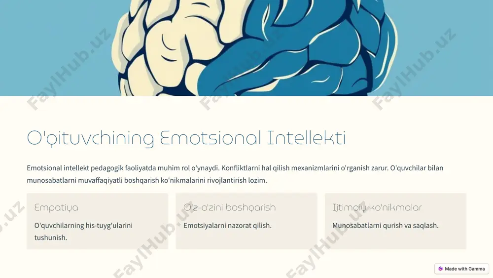 ik mukammallik va emotsional barqarorlikni saqlash kerak. professional wyganish va reabilitatsiya usullarini bilish zarur. dam olish kuchni tiklash. 1 jismoniy faollik stressni kamaytirish. 2 ijtimoiy aloqalar qo'llab-quvvatlash olish. 3 6 individual psixologik yondashuvlar o'quvchilarning individual psixologik xususiyatlarini hisobga olish muhim. differentsial pedagogika tamoyillarini qo'llash zarur. har bir o'quvchiga individual yondashish strategiyalarini ishlab chiqish kerak. 1 diagnostika o'quvchining xususiyatlarini aniqlash. 2 rejalashtirish individual dastur tuzish. 3 amaliyot dasturni amalga oshirish. 7 konfikt va pedagogik etika pedagogik jamoada konfliktlarni bartaraf etish usullari mavjud. professional etika qoidalariga rioya qilish kerak. konstruktiv munosabatlarni shakllantirish muhim. 1 hurmat 2 adolat 3 mas'uliyat 8 psixologik o'rganish va rivoжlanish o'qituvchining doimiy professional rivoжlanishi ta'lim sifatini oshiradi. psixologik bilimlarni yangilash usullarini o'rganish kerak. professional kompetentsiyalarni oshirish texnologiyalarini qo'llash zarur. o'qish treninglar onlayn kurslar 9 pedagogik psixologiyaning kelajagi zamonaviy ta'lim tizimida psixologik yondashuvlar muhim rol o'ynaydi. innovatsion pedagogik texnologiyalarni qo'llash zarur. psixologik bilimlarning istiqbollari va rivoжlanish tendentsiyalarini o'rganish lozim. …