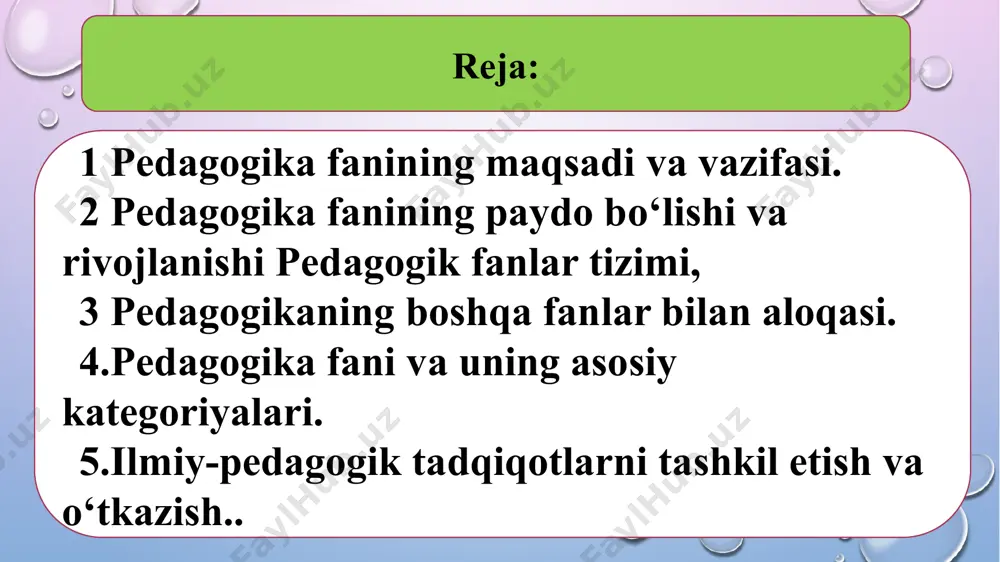 ’lim (o’qitish, o’qish), bilim, ko’nikma, malaka, kompetensiya, ma’lumot, shakllantirish, rivojlantirish. shaxs – psixologik jihatdan taraqqiy etgan, shaxsiy xususiyatlari va xatti-harakatlari bilan boshqalardan ajralib turuvchi, muayyan xulq-atvor va dunyoqarashga ega bo’lgan jamiyat a’zosi. tarbiya – muayyan, aniq maqsad hamda ijtimoiy-tarixiy tajriba asosida yosh avlodni har tomonlama o’stirish, uning ongi, xulq-atvori va dunyo-qarashini tarkib toptirish jarayoni. ta’lim – o’quvchilarni nazariy bilim, amaliy ko’nikma va malakalar bilan qurollantirish, kompetentlikni tarkib toptirish, ularning bilish qobiliyatlarini o’stirish va dunyoqarashlarini shakllantirishga yo’naltirilgan jarayon. bilim – shaxsning ongida tushunchalar, umumlashmalar, ma’lum obrazlar ko’rinishida aks etuvchi borliq haqidagi tizimlashtirilgan ilmiy ma’lumotlar majmui. ko’nikma – shaxsning muayyan faoliyatni tashkil eta olish layoqati. malaka – muayyan harakat yoki faoliyatni bajarishning avtomatlashtirilgan shakli. kompetensiya – egallangan bilim, ko’nikma va malakalarni kundalik va kasbiy faoliyatda qo’llay olish qobiliyati. ma’lumot – ta’lim-tarbiya natijasida o’zlashtirilgan va tizimlashtirilgan bilim, hosil qilingan ko’nikma va malakalar hamda tarkib topgan dunyoqarash majmui. shakllantirish – shaxsda barqaror xususiyat va …