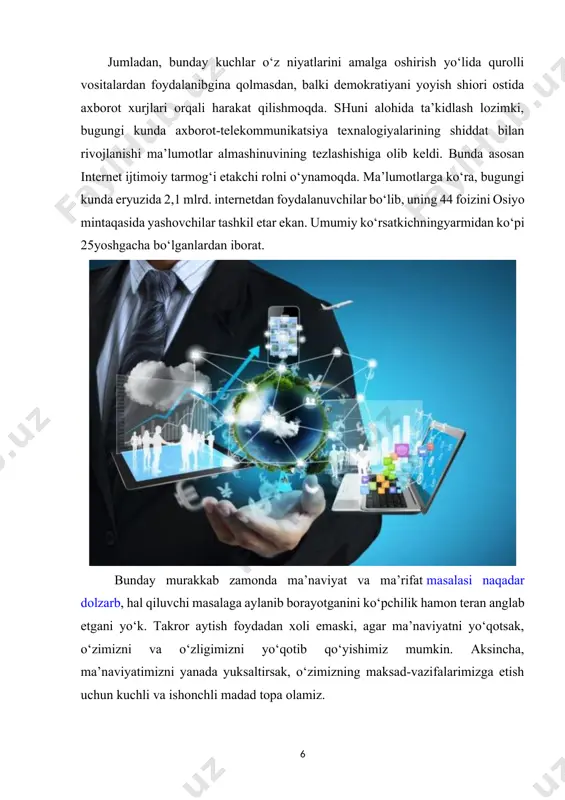 eng avvalo, reklama va ommaviy axborot vositalari to‘g‘risidagi davlatimiz qonunlarining talablari qat’iy bajarilishi kerak. ayni paytda barchamiz yoshlar dunyoqarashini kengaytirishimiz, imkoniyatlarini rivojlantirishimiz lozim. masalan, «ogohlik» iborasining ma’nolarini bugungi zamon sharoitidan kelib chiqib, ancha keng miqyosda tushunishimizga to‘g‘ri keladi. ya’ni bugungi ogohlik xalqimiz, ayniqsa, yoshlar dilini, ruhiyatini, aql- idroki va umuman ma’naviyatini diniy-aqidaparastlik, jaholatparastliklar xataridan tashqari, ayni paytda, jahonda yuz berayotgan siyosiy, mafkuraviy, ijtimoiy, iqtisodiy, ma’naviy va estetik manfaatlar yo‘nalishidagi goh oshkora, goh xufiyona kurashlarning keng miqyosdagi xatarli jihatlaridan, jumladan, «ommaviy madaniyat»ning emiruvchi ta’siridan muhofaza qilishni ham o‘z ichiga oladi. shunday qilib, aхloqiy tarbiya inson farzandini takomilga, komillikka etkazish yo’llaridan biri. uning vositalari ko’p. ularning bir qismi an’anaviy tarbiya vositalari bo’lsa, yana bir qismi zamonaviy vositalar. odatda, har ikki turdagi vositalardan foydalaniladi. chunonchi, maktabgacha bo’lgan aхloqiy tarbiyada ertak va rivoyatlar vositasidagi an’anaviy tarbiya bilan o’yinchoqlar va o’yinlar vositasidagi zamonaviy tarbiya muvaffaqiyatli qo’llaniladi; bunda bolaning qizg’anchiqlik, g’irromlik qilmaslikka, halol bo’lishga o’yinlar yordamida …