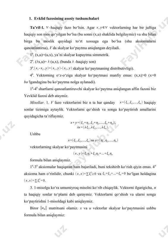 onal bo‘lsa, u holda bo‘ladi. koshi-bunyakovskiy tengsizligi. o‘tgan punktda biz bir kamchilikka yul qo‘ydik. biz x va u vektorlar orasidagi burchakni formula bilan aniqladik. ni bu tenglikdan aniqlash mumkin bo‘lishi uchun: yoki, baribir, , ya’ni (6) ekanini isbot qilish kerak. bu tengsizlik koshi-bunyakovskiy tengsizligi deyiladi. shunday qilib, ikki vektor orasidagi burchakni (5) formula bilan aniqlash uchun, biz koshi-bunyakovskiy tengsizligini isbot qilishimiz kerak. buni isbot qilish uchun x-ty vektorni qarab chiqaylik, bu yerda t – ixtiyori haqiqiy son. skalyar ko‘paytmaning 40 aksiomasiga asosan: , har qanday t uchun: biz ko‘ramizki, chap tomondagi t ga nisbatan kvadrat uchxad faqat manfiy bo‘lmagan qiymatlarnigina qabul qiladi. shuning uchun ikkita boshqa-boshqa haqiqiy ildizi bo‘lishi mumkin emas (haqiqiy har xil va ildizlarga ega bo‘lgan kvadrat uchxadning ko‘rinishi bo‘ladi va demak, ishorasini o‘zgartiradi). binobarin, kvadrat tenglamaning diskriminanti musbat bo‘la olmaydi, ya’ni bo‘ladi. shuni isbot qilish kerak edi. agar sonlar (2) va (3) shartlarni qanoatlantirsa, u holda ushbu …