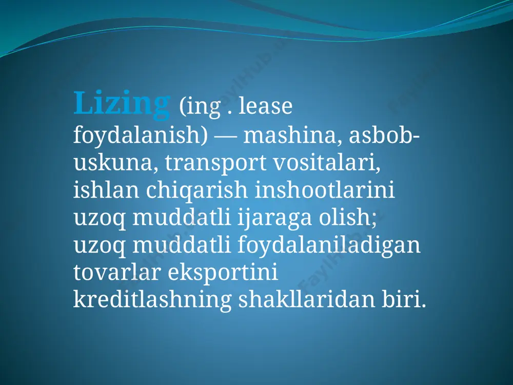 oyihasining samaradorligi tog'risidagi xulosa tayyorlanishi uchun bulg'usi lizing oluvchi va lizing obektini o'z egaligi va foydalanishiga olishni xoxlagan shaxslar quyidagilarni taqdim etishlari lozim: oxirgi hisobot sanasiga buxgalteriya balansi; o'z moliyaviy - ishlab chiqarish imkoniyatlarining tahlili; lizingning butun muddati uchun pulning kelib tushishi prognozi ko'rsatilgan biznes reja. lizing shartnomasi tuzilganidan so'ng lizing beruvchi sotuvchiga uskunalami etkazib berishi uchun ishlaming bajarilishi shart-sharoitlarini belgilab beruvchi texnik topshiriqlar va boshqa hujjatlar ilova qilingan buyurtma naryadni jo'natadi. lizing beruvchi va sotuvchi o'rtasida lizing ashyosini sotib olish -sotish shartnomasi tuziladi. lizing ob’ekti sotuvchisiga to'lov lizing beruvchi tomonidan qonunchilikka binoan, sotib olish -sotish shartnomasiga muvofiq shakl va muddatlarda amalga oshiriladi. banklarda lizing operatsiyalarining buxgalteriya hisobi lizing bitimi lizing ob’ektini foydalanishga qabul qilish bayonnomasi imzolanib, mulkka egalik huquqi lizing beruvchiga o'tganidan so'ng amalgan oshirilgan hisoblanadi. foydalanishga qabul qilish dalolatnomasi lizing oluvchi tomonidan rasmiylashtiriladi, kelishuvda qatnashayotgan barcha tomonlar: lizing beruvchi, lizing oluvchi hamda sotuvchi tomonidan imzolanadi. lizing shartnomasiga binoan, …