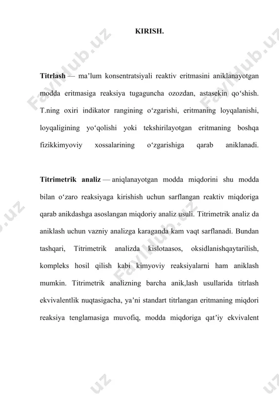 q o’lchashdir. titrlash bajariladigan ishchi eritma hajmi byuretka bilan o’lchanadi. mikro o’lchashlarda ko’pincha 25, kamroq 50 ml hajmli byuretkalardan foydalaniladi. titrlangan eritma hajmi mor pipetkasida o’lchanadi. titrlangan eritma hajmini aniq olish kerak. titrlash jarayonida o’zaro ta’sir qiluvchi eritmalar hajmi noto’g’ri olinsa, analiz natijalari aniqligi kamroq bo’ladi. asosiy qism. usulning titrantlari sifatida, odatda 0,1 molyar kontsentratsiyaga ega bo’lgan edta standart suvli eritmalari ishlatiladi; 0,05; 0,025 va 0,01 mol / l, shuningdek, magniy sulfat yoki ruxning standart eritmalari.titril eritma - trilon b - na2h2y · 2h2o aniqlik bilan tayyorlanadi va keyinchalik magniy sulfati yoki rux sulfatining standart eritmasi bilan standartlashtiriladi trilon b(edta) - dihidrat s10n14n2na2o6 · 2h2o (molekulyar og’irligi 372.24) edtuk disodiy tuzi - oq kristall kukun, suvda eruvchanligi 22 ° c da 108 g / l. havoda turg’un, 0,05 mol / l trilon b eritmasini tayyorlash uchun ushbu tuzning 18,8 g 1000 ml hajmli flakonda suvda eritiladi va flakonning hajmi suv …