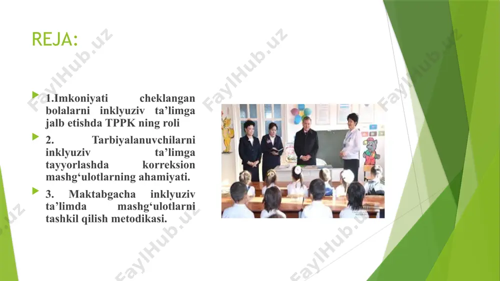 жалари фалажи; таянч- харакатланиш аъзоси ривожланиши аномалияси, бўғимлар деформатсияси, бўғинлар рекурватсияси, жисмоний ривожланишида орқада қолиш; полиомиелит ва менингоенсефалитга чалингандан кейин болалар серебрал фалажида таянч - харакатланиш аъзоларининг барча патологиялари, комиссиянинг мақсад ва вазифалари: комиссиянинг мақсади 2 ёшдан 7 ёшгача жисмоний ёки ақлий ривожланишида нуқсонлари бўлган болаларни аниқлаш ва уларни тегишли типлар бўйича муассасага жойлаштиришдан иборат. қуйидагилар комиссиянинг асосий вазифалари хисобланади: - жисмоний ёки ақлий ривожланишида нуқсонлари бўлган болаларни уларнинг ота-оналари (ёки уларнинг ўрнини босувчи шахслар) иштирокида кўрикдан ўтказиш; - жисмоний ёки ақлий ривожланишида нуқсони бўлган болаларни кўрикдан ўтказишда улар билан бевосита мулоқат қилиш ва улардаги нуқсонларни тасдиқловчи хужжатларни ўрганиш; - боланинг жисмоний ёки ақлий ривожланишидаги нуқсонлари хақида яшаш жойидаги шифохона шифокорлари томонидан қўйилган ташхиснинг ишончлилигини ўрганиш; - боланинг жисмоний ёки ақлий ривожланишидаги нуқсонига қўйилган ташхис тасдиғини топса, уларни тегишли типлар бўйича муассасаларга юбориш; - жисмоний ёки ақлий ривожланишида нуқсони бўлган болаларни муассасада қанча бўлиш муддатини белгилаш; комиссия томонидан хужжатларни қабул …