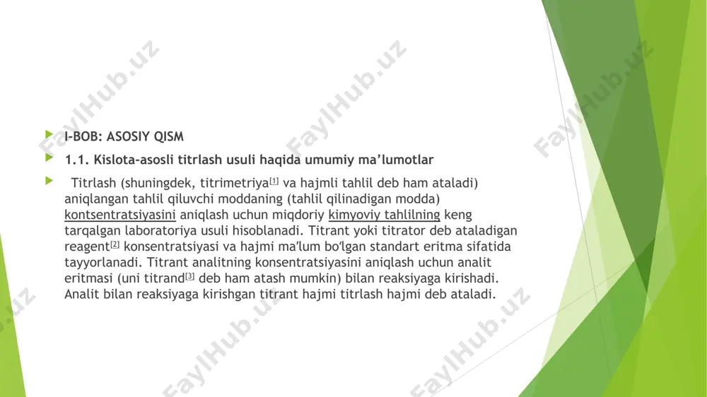 ekvivalentlik nuqtasi ph 8,4 boʻlsa, u holda fenolftalein indikatori alizarin sariq oʻrniga ishlatiladi, chunki fenolftalein indikator xatosini kamaytiradi. umumiy koʻrsatkichlar, ularning ranglari va rangini o'zgartiradigan ph diapazoni yuqoridagi jadvalda keltirilgan.[25] aniqroq natijalar talab qilinganda yoki reagentlar zaif kislota va zaif asos boʻlsa, ph oʻlchagich yoki oʻtkazuvchanlik oʻlchagich ishlatiladi. h oh- h2o reaksiyasi asosida bajariladigan aniqlashlarning hammasi kislota-asosli titrlash (neytrallanish, protolitometriya) usullariga kiradi. bu usul bilan barcha kislotalar, asoslar va ular bilan reaksiyaga kirishuvchi moddalarning miqdori hamda kuchsiz kislota anioni bilan yomon eriydigan birikmalar hosil qiluvchi kationlar (pbcro4, cac2o4, ag2cro4) aniqlanadi. protolitometriya usullaridan foydalanib gidrolizlanish natijasida kuchli ishqor va kislotalar hosil qiluvchi tuzlarni ham aniqlash mumkin. bu usullarda asosiy ishchi eritmalari sifatida odatda hcl yoki h2so4 va naoh yoki koh lar ishlatiladi. bu moddalar dastlabki, boshlang‘ich, birlamchi standart moddalarga qo‘yiladigan talablarga javob bermaydi. shuning uchun ham ularning taxminiy konsentratsiyali eritmalari tayyorlanadi va so‘ngra ularning konsentratsiyalari (titri) birlamchi standartlar (na2b4o7·h2o yoki na2co3 …