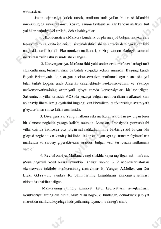 jlantirish, aksilkadriyatlarning esa oldini olish bilan bog‘-lik. jumladan, demokratik jamiyat sharoitida mafkura kuyidagi kadriyatlarning tayanchi bulmog‘i shart: 1.insonparvarlik. kommunistik mafkura xukm surgan yil-larda shaxs jamiyat va davlatga buysundirildi, davlat manfaatla-rining ustuvorligi ta’minlandi. inkvizitsiya yillarida din akidalariga tug‘ri kelmagan ilmiy kashfiyotlar yukka chikarilgani kabi sovet xokimiyati yillarida davlat manfaatlariga zid bulgan shaxsiy manfaatlar barxam toptirildi. natijada shaxs uz xalki kadriyatlaridan begonalashdi, jamiyat maksadlarini kabul kilmay kuydi. demokratik jamiyat sharoitida mafkura «shaxs, jamoa, jamiyat manfaatlarini uyg‘unlashtirmog‘i darkor. shaxs bilan jamoa, shaxs bilan jamiyat orasida vujudga kelgan xar kanday ziddiyatlarni, muammolarni bartaraf etish uchun mafkuraviy muxit yaratilishi lozim».1 shaxs xukuklari va erkinligi, shaxs manfaatlarining ustuvorligi ta’minlamas ekan, insonparvar, demokratik jamiyat barpo etib bulmaydi. 2.birdamlik. bugungi kunda kariyb xar kanday kishilik ja-miyati kupmillatlilik xususiyatiga ega. shunday ekan, xakkoniy, insonparvar mafkura jamiyatdagi barcha millat va elatlarning farovon turmushi xamda erkin mexnatini ta’minlamog‘i, ularning extiyoj va manfaatlarining kondirib borilishi uchun zamin xo-zirlamog‘i, xar kanday separatik xarakatlarning …