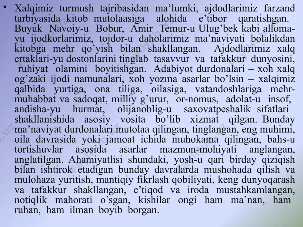 kitobxonlik madaniyatini rivojlantirish bo‘yicha tashkiliy-huquqiy mexanizmlarni takomillashtirish chora-tadbirlarini amalga oshirish; ikkinchi bosqich — 2022-2023-yillarda kitobxonlikka oid infratuzilmani mustahkamlash; uchinchi bosqich — 2024-2025-yillarda yoshlarning kitobxonlik madaniyatini jadal rivojlantirish, ularning intellektual salohiyati o‘sishi hisobiga inson kapitali sifatini yaxshilash. buyuk alloma, haqiqiy vatanparvar, yuksak salohiyatli ustoz najmiddin kubro “muvaffaqiyatni sa’y-harakatda, muvaffaqiyatsizlikni esa loqaydlik va dangasalikda ko’rdim” degan ekanlar. har bir ota-ona farzandining nafaqat jismoniy, balki ham aqliy, ham ruhiy, ham ma’naviy tarbiyasiga alohida e’tibor qaratishi, yoshiga mos badiiy kitoblar bilan ta’minlab turishi, o’qigan kitoblari yuzasidan ular bilan fikr almashishi, bolani rag’batlantirib borishi lozim. kitob va kitobxonlikka eng yuqori darajadagi bu eʼtibor bejiz emas, balki mamlakat ertangi kuni, uning egasi boʻlmish yosh avlod maʼnaviy olami, rostgoʻylik, mulohazakorlik, adolatpeshalik, illatlarga murosasizlik, mantiqiy fikrlay olish fazilatlaridan xavotir taqozosidir. zero, mutolaaga bogʻlangan koʻngil kitobdan behad ulugʻ maʼnaviy ozuqa oladi. unda yaratilgan obrazlar baxtidan quvonadi, tashvishi, xato va kamchiliklaridan iztirob chekadi, odob-axloq va tarbiyasidan namuna, sabr va matonatidan …
