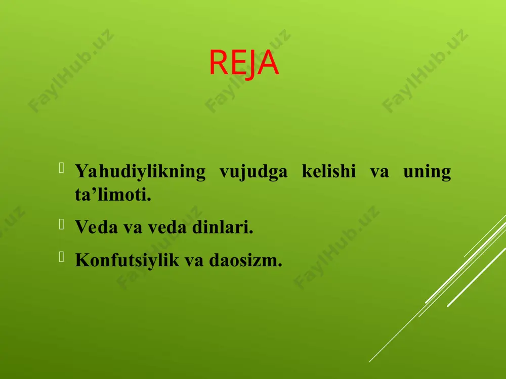 i buyurganlar. shundan so’ng faqat ruhoniylargagina ibodat vaqtida yahve nomini tilga olishlariga ijozat berilgan. yahudiylik ta’limotiga ko’ra, yahve olamlarni yaratishni yakshanbada boshlab, juma kuni tugatdi, shanba kuni esa dam oldi va yahudiylarga ham shu kuni dam olishni buyurdi. shu sabab yahudiylik dinida shanba kuni ulug’ kun hisoblanib, hech bir ishga qo’l urilmaydi. 2. yahudiylar yer yuzidagi xalqlarning «eng mumtozi» va u «dunyoda berilajak in’omlarning eng haqlisi» ekanligi. ular o’zlarini хudo tomonidan saylangan, muqaddas xalq ekanini, yahudiyning ruhi хudoning bir qismi hisoblanishini da’vo qiladilar. 3. messiya – xaloskorning kelishi haqida. unga ko’ra, oxir zamonda yahve yahudiylar orasidan bir xaloskorni chiqaradi va u quyidagi vazifalarni bajaradi: 1) dunyoni isloh qilgan holda qaytadan quradi; 2) butun yahudiylarni sinion atrofida to’playdi; 3) ularning barcha dushmanlarini jazolaydi. 4. oxirat kuniga ishonish. yahudiylikda oxirat haqidagi tasavvurlar, asosan тalmudda bayon etilgan. unga ko’ra, yahvega chin e’tiqod qilganlar oxiratda mukofotlanadilar. aksincha, uning qonunlarini buzganlar shafqatsiz jazo oladilar хristianlar …