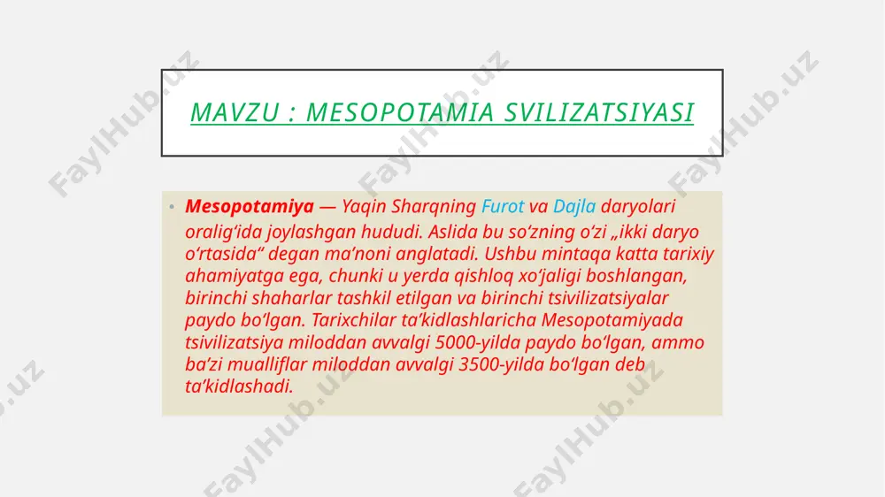 r mehnat qurollarini tayyorlash uchun ham ishlatilgan. miloddan avvalgi 3500-yillarda bronza keng tarqalgan. shahar- davlatlar shumerlar svilizatsiyasi birinchi buyuk mesopotamiya tsivilizatsiyasi shumer edi. miloddan avvalgi 3000-yildan tashkil topgan bu shaharcha. uruk, uma yoki ur alohida ajralib turadigan bir qator shahar-davlatlar.ularning har birini qonuniyligi mahalliy qoʻriqchi xudosi oʻrinbosari boʻlgan mutlaq qirol boshqargan. ushbu tsivilizatsiyaning muhimligiga va uning shohlari roʻyxatlari topilganiga qaramay, haqiqat shundaki, ular haqida juda koʻp maʼlumot yoʻq. masalan, ularning iqtisodiyoti qishloq xoʻjaligiga asoslanganligi va mixxat yozuvidan birinchi boʻlib foydalanganliklari maʼlum. bundan tashqari, ular buyuk diniy ibodatxonalarni koʻtarganliklari maʼlum. shunga oʻxshab, dalillar shuni koʻrsatadiki, uruk shahri mesopotamiyaning butun janubida oʻz madaniyatini kengaytirgan. uning taʼsiri tufayli boshqa hududlarda koʻproq shaharlar qurildi. tez-tez boʻlib turadigan urushlar bu shaharlarning mudofaa devorlari bilan jihozlanishiga olib keldi dehqonchilik dajla va furot oraligʻidagi mesopotamiyaning geografik joylashuvi qishloq xoʻjaligini asosiy iqtisodiy faoliyatiga aylantirdi. biroq, yomgʻirning etishmasligi daryo havzalaridan uzoqda joylashgan erlarda ekinlarni etishtirishni juda qiyinlashtirdi. shu sababli …