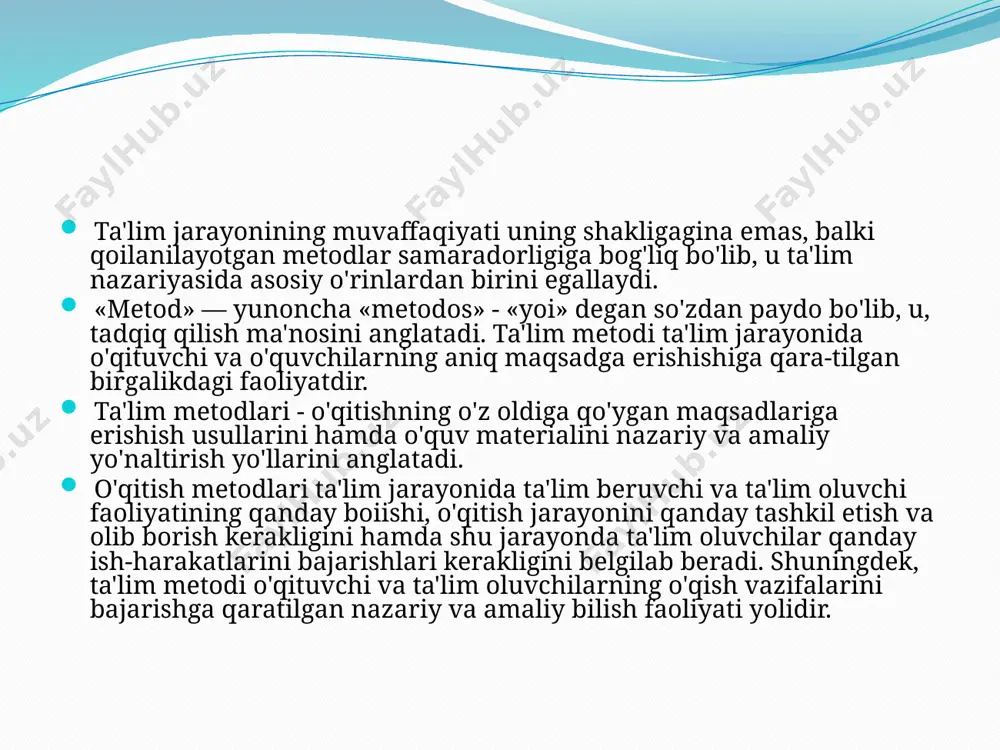 otini amaliy mehnat harakatlari orqali berish (amaliy metodlar, mashqlar, laboratoriya tajribalari, mehnat harakatlari va boshqalar) kiradi. demak, amaliyotda keng qo'llanilib kelayotgan ta'lim metodlarini quyidagi ko'rinishda ifodalash mumkin ta'lim mеtodlari tarkibi. ta'lim mеtodlari tarkiban o’qitish mеtodlari va o’qish mеtodlaridan iborat. o’qituvchi bilimlarni og’zaki bayon etsa, bolalar uni tinglaydi; o’qituvchi mustaqil ish topshirsa, o’quvchilar bajarishadi. bilimlarni og’zaki bayon etish, mustaqil ishlash kabilar o’qitish mеtodlari bo’lib, ular vositasida didaktik vazifalar (bilimlarni o’rganish, mustahkamlash, takrorlash va sh.k) hal etiladi. o’quv-tarbiya jarayonida ta'lim mеtodlarining samaradorligini oshirish maqsadida o’qitish va o’qish mеtodlari majmuasidan foydalaniladi. masalan, ma'ruza mеtodi tarkiban o’qituvshining o’rganilayottan mavzuni mantiqiy izchillikka, og’zaki bayon qilishi, o’quvchilarning esa o’quv matеriallarini izchil tinglashi kabi mеtodlardan iborat. ma'ruza mеtodidan shu yo’sinda foydalanish o’qituvchining, o’quvchining ham faolligi talablariga, binobarin, ta'limning samaradorligini oshirish ehtiyojlariqa mos kеlmaydi. zеro, ma'ruzaning yuqoridagi ko’rinishi faqat bolalar xotirasiga mo’ljallangan. ma'ruza ham bolalar xotirasiga, ham ular tafakkuriga mo’ljallab tashkil etilganda, uning samaradorligi yanada oshadi. tajribali o’qituvchilar …