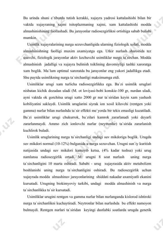 mmo zich ionlovchi nurlar (neytronlar) ta`sirida zararlanish kuchlirok buladi. usimlik uruglarining nurga ta`sirchanligi undagi suv mikdoriga boglik. urugda suv mikdori normal (10-12%) bulganida u nurga sezuvchan. urugni sun`iy kuritish natijasida undagi suv mikdori kamayib ketsa, (4% kadar tushsa) yoki urug namlansa radiosezgirlik ortadi. m: urugni 8 soat nurlash uning nurga ta`sirchanligini 10 marta oshiradi. sababi - urug xujayrasida aktiv metabolizm boshlanishi uning nurga ta`sirchanligini oshiradi. bu radiosezgirlik uchun xujayrada modda almashinuv jarayonlarining shiddati nakadar axamiyatli ekanini kursatadi. urugning biokimyoviy tarkibi, undagi modda almashinish va nurga ta`sirchanlikka ta`sir kursatadi. usimliklar urugini rentgen va gamma nurlar bilan nurlanganda kislorod ishtiroki nurga ta`sirchanlikni kuchaytiradi. neytronlar bilan nurlashda bu effekt namoyon bulmaydi. rentgen nurlari ta`siridan keyingi dastlabki soatlarda urugda genetik zararlanishlar (xromosomalar uzilishi) yakkol kupayadi va bu jarayonda tashki muxit, xarorat, namlik, kislorod ishtiroki muxim axamiyatga ega. usimliklarning turli funktsional kismlarining nurga ta`sirchanligi turlicha. tomirlar uchi, kurtaklarning nurga ta`sirchanligi yukori. etarli kattalikdagi nur dozasi …