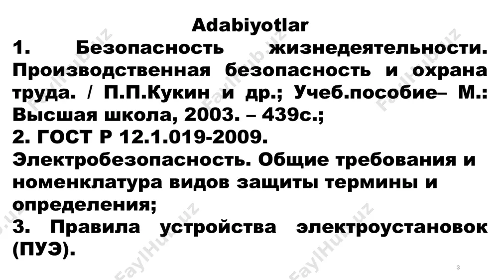 aydigan metal qismlarga o’tib qolgan tokda himoyalash usullari va vositalari (kuchlanish 1kv gacha) - yerga ulash nollash potentsiallarni tenglashtirish ekranlash himoyalovchi o’tkazgichlar tizimi himoyali uzish tok o’tkazmaydigan qismlarni izolatsiyalash elektr izolyatsilovchi vositalar shaxsiy himoya vositalari 14 elektr toki ta’siriga tushib qolgan odamni tok zanjiridan ajratish 15 elektr himoyalovchi vositalar dielektrik qo’lqop rezina etik qo’lqopni tekshirish rezina gilamcha yog’och taglik kalish 16 elektr kuchlanishi ko’rsatgichlari ikki qutbli ikki qutbli sig’imli kontaktsiz 17 tok o’lchagich qisgich 18 yashin qaytargichlar va ularni hisoblash 19 alohida o’rnatilgan yashin qaytargich 20 21 ma’ruzamiz tugadi ! marhamat mavzu bo’yicha savollar ??? 22 audio1.wav image1.jpeg image2.png image3.png image4.png image5.png image6.png image7.png image8.png image9.png image10.png image11.png image12.png image13.png image14.png image15.gif image16.png image17.png image18.png image19.png image20.png image21.png image22.png image23.png image24.png image25.png image26.png image27.png image28.png image29.png image30.png image31.png image32.png image33.png image34.png image35.png image36.png image37.png image38.png image39.jpeg /docprops/thumbnail.jpeg