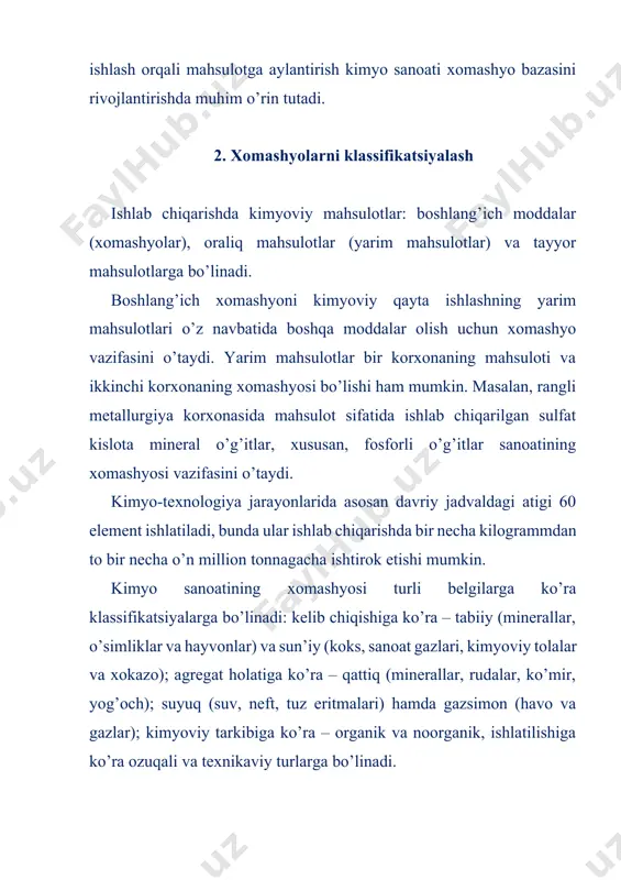 alashmasi bo’lishi mumkin. bunday rudalar polimetall (ko’p metalli) yoki kompleks rudalar deyiladi. bu polimetall rudada qaysi metall ko’proq bo’lsa, ruda shu metall nomi bilan ataladi. lekin har qanday polimetall ruda tarkibida hamma vaqt temir sulfid (fes) va temir kolchedani (fes2) bo’ladi. rudalar, asosan, metallurgiya sanoatining xomashyosi hisoblanib, ulardan turli xil metallar olinadi. ba’zi vaqtlarda ayrim metalli rudalar kimyo sanoatida ham ishlatiladi. masalan: fe2o3 va pb2o4, tio2 lar bo’yoq olishda ishlatiladi. ba’zi rudali xomashyolarning tavsifi 1.1- va 1.2-jadvallarda keltirilgan. 1.1-jadval alyuminiyli muhim rudalar rudalarning nomi kimyoviy tarkibi al2o3 ning miqdori, % asosiy qo’shimchalari boksitlar al2o3∙xh2o 36-60 fe2o3, sio2, tio2, cao, mgo nefelin e8al8si9o34 29 ca5f(po4)3 alunit k2so4∙xal2(so4)3∙ ∙yal2o3∙zh2o 20-22 kvars, fe2o3, tio2, k2o rudasiz mineral xomashyolar ham tog’ jinslari bo’lib, ular metall olish uchun (magniy va ishqoriy metallarning xlorli tuzlaridan boshqalari) ishlatilmaydi. bunday mineral xomashyolar hech qanday kimyoviy qayta ishlanmasdan to’g’ridan-to’g’ri xalq xo’jaligida yoki metallsiz ishlab chiqarishlarda xomashyo sifatida ishlatiladi. rudasiz …