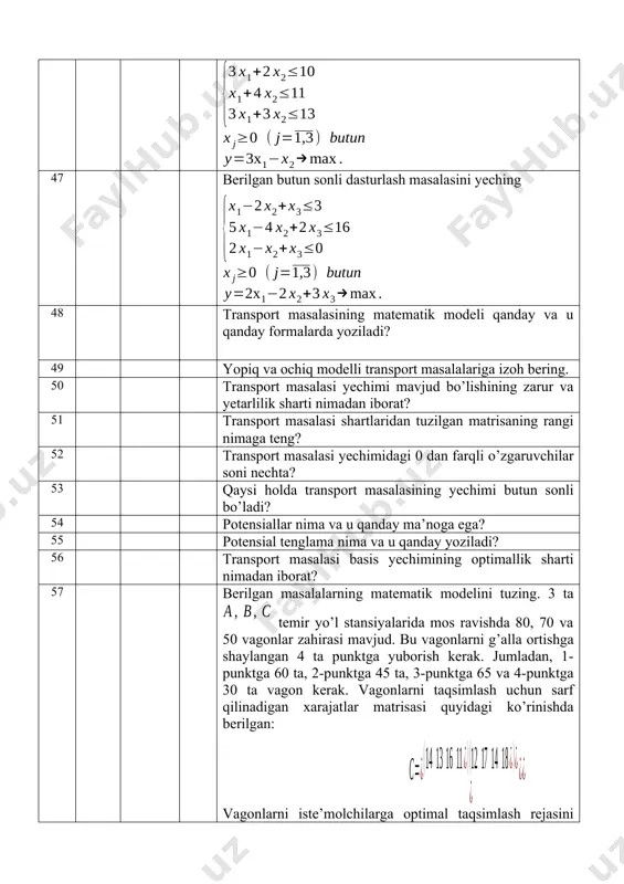 ) topish mumkinmi? 72 tavakkalchilik sharoitida optimal yechimni (strategiyani) topishda kriteriyalarning roli 73 tavakkalchilik sharoitida kriteriyalar 74 to’lovlar matrisasi jadvalda keltirilgan o’yinning yechimi topilsin. ii i b1 b2 a1 5 -1 a2 2 4 75 ikki shaxsning faqat aralash strategiyalarda yechiladigan o’yin masalalari. 76 quyidagi 2x2 o’yinlarni yeching: ; 77 quyidagi 2x2 o’yinlarni yeching: ; 78 quyidagi 2x2 o’yinlarni yeching: ; 79 aralash strategiyalar qanday tuziladi? ularning sof strategiyalardan farqi nimada? 80 matrisaviy o’yinda optimal aralash strategiya mavjudligi haqidagi teorema. 81 optimal aralash strategiyalarning xossalari va ularning 2x2-o’yinni yechishga qo’llanilishini tushuntiring 82 ikki o’yinchining nol yig’indili o’yini uchun shunday to’lovlar matritsasini tuzingki, uni: 2x2 o’yinga keltirish mumkin bo’lsin; 2x2 o’yinga keltirish mumkin bo’lmasin. 83 quyidagi o’yinlarni soddalashtiring: 84 quyidagi o’yinlarni soddalashtiring: 85 quyidagi o’yinlarni soddalashtiring: . 86 takrorlanuvchi (ekvivalent) va befoyda strategiyalar qanday aniqlanadi? 87 matritsaviy o’yinni soddalashtirish haqidagi teorema. u qanday qo’llaniladi? 88 matritsaviy o’yin chiziqli programmalashtirishning qanday masalalar …