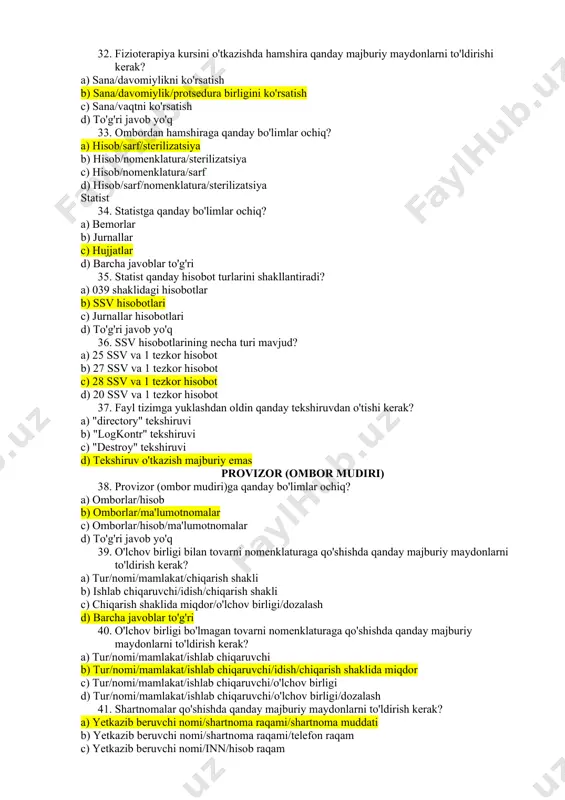 ni bekor qila oladimi? a) ha b) yo'q 28. laborant tizimga tahlil natijalarini kiritgandan so'ng, shifokor va bemor natijalarni ko'rishlari uchun nima qilishi kerak? a) tahlilni tasdiqlash b) tahlilni chop etish c) tahlilni shifokonga yuborish d) tahlilni bemorga yuborish 29. laborant tasdiqlagandan so'ng tahlil natijalarini o'zgartira oladimi? a) ha b) yo'q 30. laborantning harakat tartibini ko'rsating a) biomaterial olish - olishni tugatish - tasdiqlash - natijani kiritish b) biomaterial olish - olishni tugatish - natijani kiritish - tasdiqlash c) natijani kiritish - biomaterial olish - tasdiqlash d) tasdiqlash - biomaterial olish - olishni tugatish - natijani kiritish hamshira 31. hamshiraga qanday bo'limlar ochiq? a) qabullar/bemorlar/patronaj/statsionar b) qabullar/bemorlar/patronaj/ombor c) qabullar/bemorlar/patronaj d) qabullar/bemorlar/patronaj/statsionar/ombor 32. fizioterapiya kursini o'tkazishda hamshira qanday majburiy maydonlarni to'ldirishi kerak? a) sana/davomiylikni ko'rsatish b) sana/davomiylik/protsedura birligini ko'rsatish c) sana/vaqtni ko'rsatish d) to'g'ri javob yo'q 33. ombordan hamshiraga qanday bo'limlar ochiq? a) hisob/sarf/sterilizatsiya b) hisob/nomenklatura/sterilizatsiya c) hisob/nomenklatura/sarf d) hisob/sarf/nomenklatura/sterilizatsiya statist …