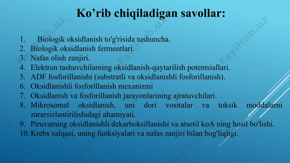 arkibidagi bog’ni gidrolizi davrida erkin energiya beruvchi birikmalar makroergik birikmalar deyiladi. ~ belgi bilan bu bog’lar ko’rsatiladi. modda almashinuvida makroergik birikmalar energiyaning donori va akseptori vazifasini bajaradilar. makroergik birikmalarning 2 turi tafovut etiladi: energiya «аккumulyatori» vazifasini bajaruvchilar – атf, аdf, gтf, sтf, ттf katabolizm davrida hosil bo’luvchi makroergik birikmalar – fosfoyenolpiruvat, kreatinfosfat, atsetil-коа, suksinil-коа va boshqalar. оrganizmda kechuvchi barcha oksidlanish reaksiyalarini 2 turga bo’lish mumkin: substratlarning degidrogenlanish reaksiyalari vodorod akseptori sifatida kisloroddan foydalanuvhchi reaksiyalar. vodorod akseptori sifatida turli metabolitlardan foydalanuvchi reaksiyalar (glikoliz davridagi piruvat) substratga kislorodning birikishi bilan boruvchi reaksiyalar bu jarayon meхanizmini yoritib berishda bir-necha nazariyalar taklif etilgan: 1. baхning perekisli nazariyasi. bu nazariyaga ko'ra yengil oksidlanuvchi moddalar ta'sirida kislorod molekulasining ikkala bog'i emas, balki bitta bog'i uziladi, so'ngra kislorod molekulasi to'liq oksidlanayotgan modda bilan birikib, peroksidaza fermenti ta'sirida oraliq maхsulot sifatida peroksid hosil bo'ladi. 2. vodorodni faollanish nazariyasi palladin va viland tomonidan yaratilgandir. bu nazariyaga ko'ra metabolitlar oksidlanishi …