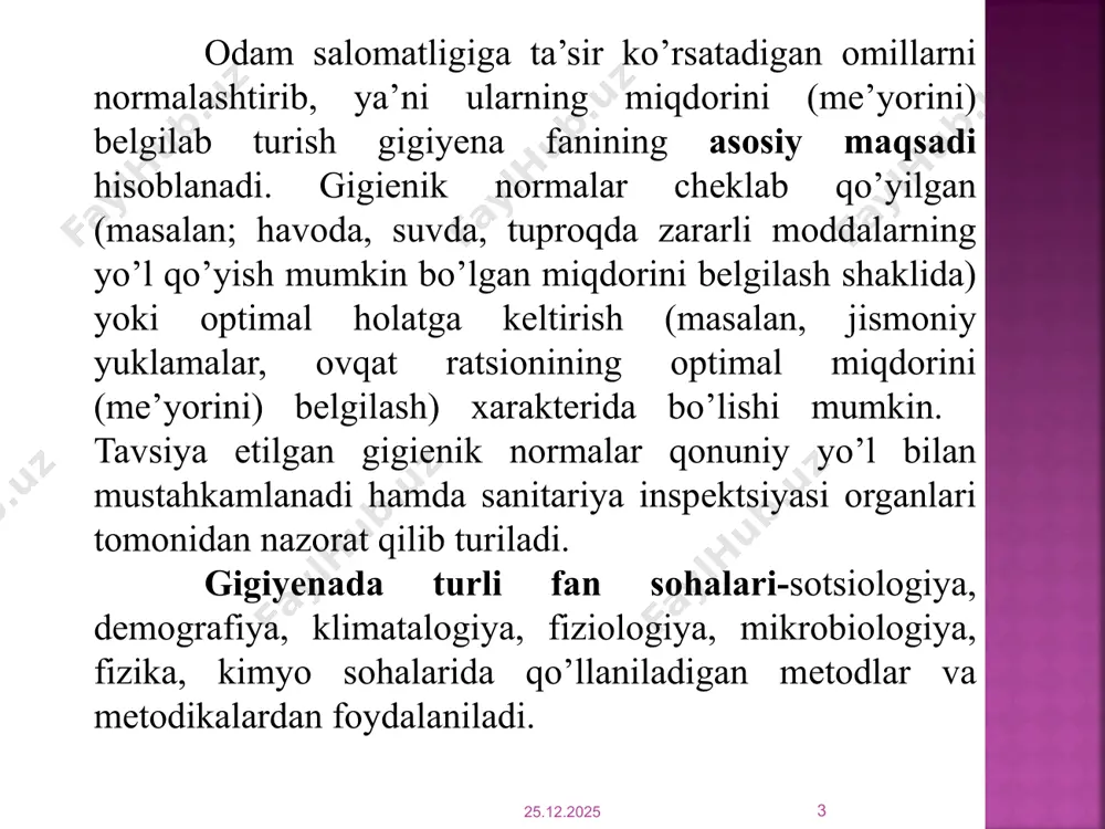 fanlar inqirozga yuz tutgan. yunonistonda, rimda tavsiya etilgan gigiyenik tadbirlarni bartaraf qilinishi natijasida shaharlarda sanitariya tadbirlariga itoat etmaslik holati yuzaga keladi. shu sababli, o‘rta asr davri o‘lat (chuma), ich terlama, vabo, moxov, zaxm va boshqa yuqumli kasalliklarning tarqalishi bilan tarixga kirdi. xix asrning o‘rtalarida biologiya, kimyo va fizika fanlarining gurkirab rivojlanishi gigiyena taraqqiyotida ham yangi davrni boshladi. bakteriologik va fizik – kimyoviy tahlil usullari gigiyenaga ham kirib keldi, aholi istiqomat qiladigan hudud va uy-joylar sanitariya holatini sog‘lomlashtrish, ovqatlanish gigiyenasi, me’yor va talablarini asoslashda qo‘llanila boshlandi. bu gigiyenadagi eksperimental yo‘nalishning ibtidosi bo‘ladi. . 17.06.2024 7 bizning mustaqil respublikamizda gigiyena fanining taraqqiyoti toshkent davlat tibbiyot instituti tarkibida tashkil topgan gigiyena kafedralarining faoliyatlari bilan chambarchas bog‘lanib ketgandir. o‘zbekistondagi tibbiyot institutlarning barcha gigiyenik kafedralarini asosi bo‘lib, 1920-yilda tashkil topgan o‘rta osiyo davlat universiteti qoshida tashkil etilgan umumiy gigiyena yoki ilgarigi nomi "eksperimental gigiyena" kafedrasi hisoblanadi. o‘sha davrdagi birinchi kafedra mudiri doktor grigoriy nikolaevich pinegin …
