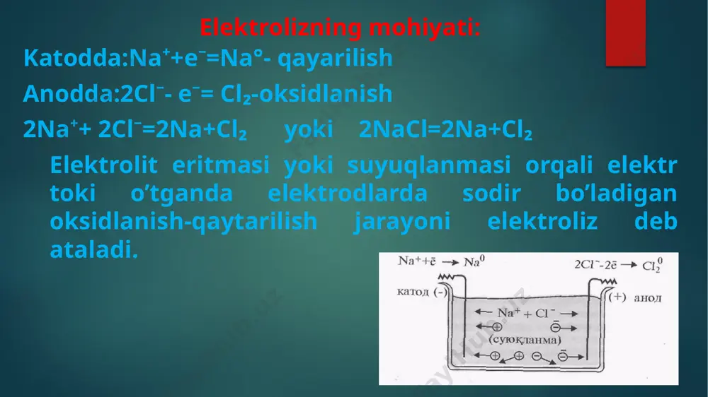 rodli kislota anionlari: so42-, so32-, po43-, no3- bo’lsa, bu anionlarning oksidlanish potensiallari suv molekulasining oksidlanish potensialidan katta bo’lgani uchun anodda avval (dastlab) h2o molekulalari oksidlanadi. katod anod li-al ----- h2 al-pb---- me va h2 cu-au--- me cl- , br- j-, --- cl2, br2, j2 so42-, so32-, po43-, no3- ---- o2 elektrodlar ikki xil bo'ladi: 1) erimaydigan - ularga grafit, platina, oltin kiradi (erimaydigan elektrodlar ximiyaviy prosessda ishtirok etmaydi, ular faqat elektron utkazgich vazifasini utaydi.); 2) eriydigan elektrodlar jumlasiga yuqorida ko‘rsatilgan metallardan boshqa xamma metall elektrodlar kiradi. bu elektrodlar elektrolizda anod sifatida qo‘llanilganida eritmaga o‘z ionlarini berib, erib ketadi. eruvchan anod elektroddan foydalanib, toza metallar olinadi. bunda elektroliz prosessi tozalanayotgan metall to'zining eritmasida olib borilishi kerak. sanoatda tuzlarning eritmalarini elektroliz qilib, cu, zn, cd, ni, so, mn va boshqa metallar olinadi. bu metod yordamida bir metall boshqa metall bilan koplanadi. bu metod galvanostegiya deyiladi elektrolizning ahamiyati elektrolizdan foydalanib, ko’pchilik metallar (na, …