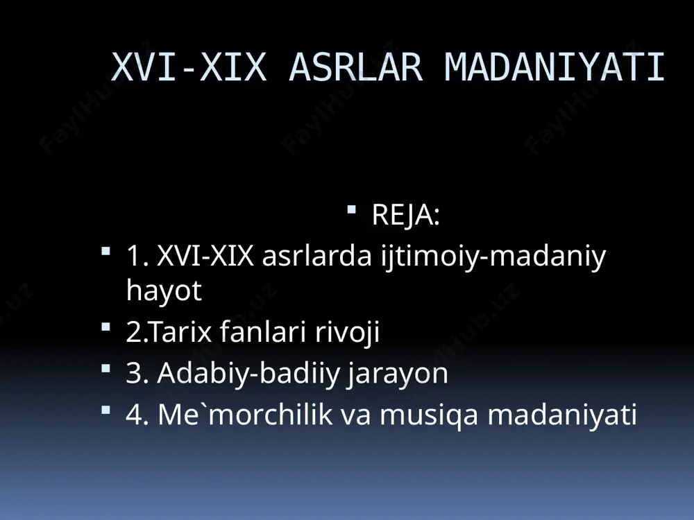 ubxonqulixon davrida 1697-yil dorixona kutubxonadan iborat tashxisxona buxoroda 18 xujrali subxonqulixon asarlari 1. “subhon tibbiyoti” unda turli xil kasakliklarni aniqlash hamda davolash yo`llari tasvirlab berilgan 2. “subhonning hayotbaxsh tibbiyoti” asar 8 qismdan iborat bo`lib unda dorilarni sifatli tayyorlanishi va ishlatilishiga oid masalalar yoritilgan adabiy-badiiy jarayon shayboniylar ashtarxoniylar muhammad shayboniyxon “shayboqxon” ubaydulaxon “ubaydiy” abdulazizxon “azizizy” taxalluslari bilan ijod qilganlar. imomqulixon nazarmuxammadxon abdulazizxon subhonqulixon “nishoniy” kabi hukmdorlar ijod qilganlar musiqa ilmining rivojlanishi ali do`st noiy mavlono kavkabiy amir ali akbar samarqandiy darvesh ali changiy mavlono rizo hasan xo`ja nisoriy amir mastiy qobuziy mavlono pirmuhammad kulol abdullaxon ii davrida qurilgan inshootlar modarixon chorbakr toqi safforon xo`ja zayniddin toqi zargaron govkushon fathulla qushbegi abdullaxon timi jo`ybor ahtarxoniylar davridagi me`moriy yodgorliklar buxoroda abdulazizxon madrasasi ubaydullaxon madrasasi boqi muhammad masjidi ubaydullaxon masjidi balxda nazarmuhammad madrasasi subhonqulixon madrasasi /docprops/thumbnail.jpeg