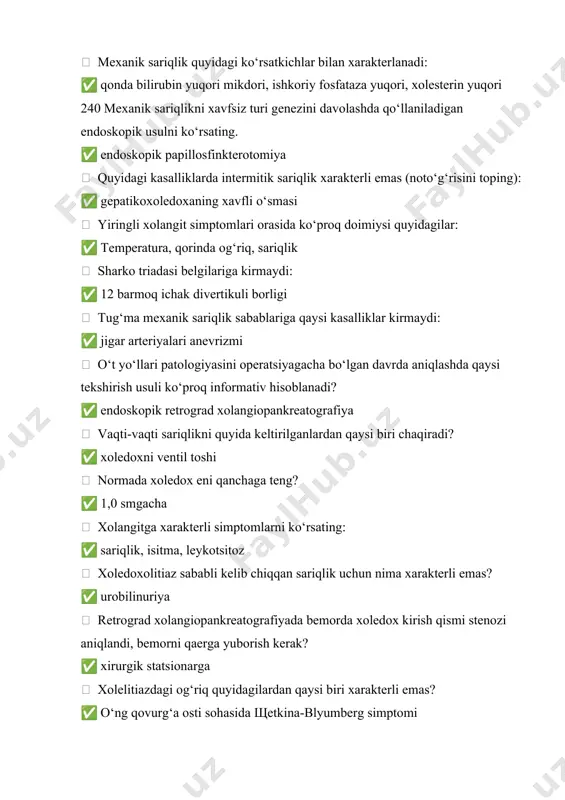 : ✅ morfin  xoledoxolitiaz fonidagi sariqlikda bemor nimaga muhtoj? ✅ tezkor tayyorgarlikdan so‘ng kaminvaziv operatsiyaga 260 sariqlikni xarakterini va sababini aniqlashda bugungi kunda qanday tekshirish usuli qo‘llanilmaydi? ✅ vena ichi xoletsistoxolangiografiyasi  mexanik sariqlik rivojlanishida ko‘p uchraydigan sababni ko‘rsating: ✅ xoledoxolitiaz  jigardan tashqari portal gipertenziya sababi bo‘lmagan patologiyani tanlang: ✅ portal venaga aloqador jigar kapilyarlari bloki  portal gipertenziyada ko‘p uchramaydigan simptomni tanlang: ✅ sariqlik  qizilo‘ngach varikoz venalaridan qon ketishini to‘xtatishda qo‘llanilmaydigan metodni ko‘rsating: ✅ qizilo‘ngachni tamponlash  portal gipertenziyani xirurgik davolashda asosiy maqsadga quyidagilardan qaysi biri kirmaydi? ✅ varikoz venalardan aktiv qon ketganda xirurgik gemostaz  portal gipertenziyada jigar funktsional holatini aniqlashda chayld kriteriysiga kirmaydi: ✅ glikemiya, transferaza  portal gipertenziyada taloqda ro‘y bermaydigan patalogik o‘zgarishlarni ko‘rsating: ✅ taloq gipervaskulyarizatsiyasi  jigar oldi bloki asosiy sabablariga quyidagilardan qaysi biri kirmaydi? ✅ jigar fibrozi  me’da ichak traktini yuqori qismidan qon ketganda eng informativ diagnostik usul qaysi? …