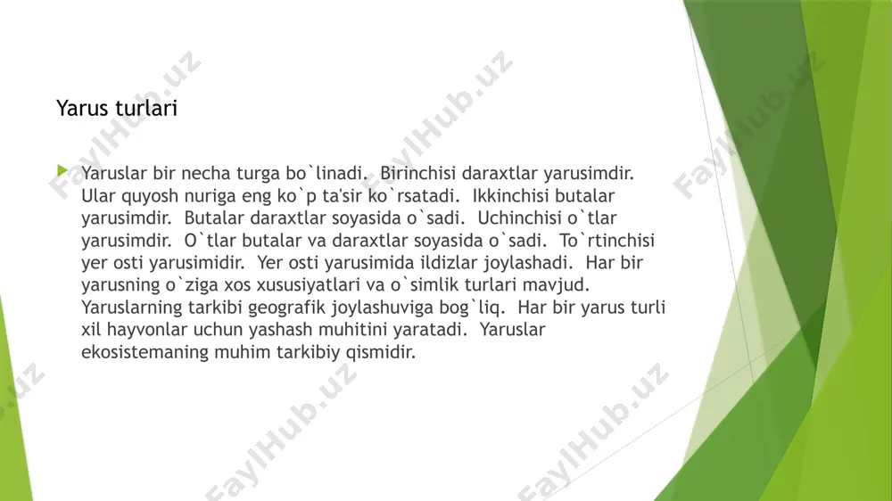 nlarni saqlash va dashtlarni muhofaza qilish muhim. ifloslanishni kamaytirish va iqlim o`zgarishiga qarshi kurashish zarur. yaruslarning saqlanishi yer yuzidagi hayotning muhim sharti hisoblanadi. inson faoliyati va yaruslar yaruslilikni o'rganish uchun turli usullar qo'llaniladi. maydon kuzatishlari orqali o'simlik va hayvonlarning taqsimoti aniqlanadi. fito-sotsiologik tahlillar o'simlik jamoalarning tuzilishini o'rganish imkonini beradi. hayvonlarning sonini aniqlash uchun turli hisoblash usullari mavjud. genetik tahlillar o'simliklarning kelib chiqishini va moslashuvini o'rganishga yordam beradi. kompyuter modellashtirish yordamida yaruslilikning o'zgarishi prognoz qilinadi. ma'lumotlarni statistik tahlil qilish yaruslilikning qonuniyatlarini aniqlashga imkon beradi. yaruslilikni o'rganish ekosistemalarni muhofaza qilish va boshqarishda muhim rol o'ynaydi. ilmiy tadqiqotlar yaruslilik haqidagi bilimlarni kengaytiradi. yaruslilikni o'rganish usullari kelajakda yaruslilikning o'zgarishi kutilmoqda. iqlim o'zgarishi va inson faoliyati tufayli yaruslarning tarkibi o'zgaradi. ba'zi o'simlik va hayvonlar yo'qolib ketishi mumkin. yangi o'simlik va hayvonlar paydo bo'lishi mumkin. yaruslarning o'zgarishi ekologik muvozanatni o'zgartiradi. yaruslilikni o'rganish va muhofaza qilish muhim. tabiatni muhofaza qilish choralari yaruslarning buzilishini oldini oladi. yaruslilikni o'rganish …