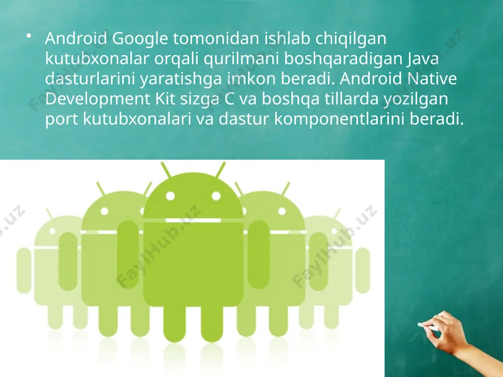 qiladi: content providers - ilovalar o'rtasida ma'lumotlar almashinuvi; resource manager - xml, png, jpeg fayllari kabi resurslarga kirish; notification manager - holat satriga kirish; activity manager - faol dasturlarni boshqarish. android uchun ilovalarni ishlab chiqish java tilida (java 1.5 dan past bo'lmagan) amalga oshirilishi mumkin. eclipse uchun plagin mavjud - android development tools (adt), eclipse 3.3-3.7 versiyalari uchun mo'ljallangan. intellij idea uchun plagin ham mavjud bo'lib, u android ilovalarini rivojlantirishga yordam beradi va netbeans 7.0 versiyasidan boshlab, netbeans ide ishlab chiqish muhiti uchun hali rasmiy bo'lmagan bo'lsa-da, eksperimental bo'lishni to'xtatdi. bundan tashqari, android uchun motodev studiyasi - eclipse-ga asoslangan keng qamrovli rivojlanish muhiti, siz to'g'ridan-to'g'ri google sdk bilan ishlashingiz mumkin. androidning ustunliklari ochiqlik, undan foydali vazifalarni amalga oshirish uchun. internetga ulanmasdan dasturlarni o'rnatish. turli apparat tizimlari uchun mavjudligi. muqobil dastur do'konlar mavjudligi. ko'p foydalanuvchi qo'llab-quvvatlashi (android3 bilan). muqobil dasturiy ta'minotning mavjudligi. android operatsion tizimining nuqsonlari ba'zi android qurilmalarda kompaniya serverlarida …