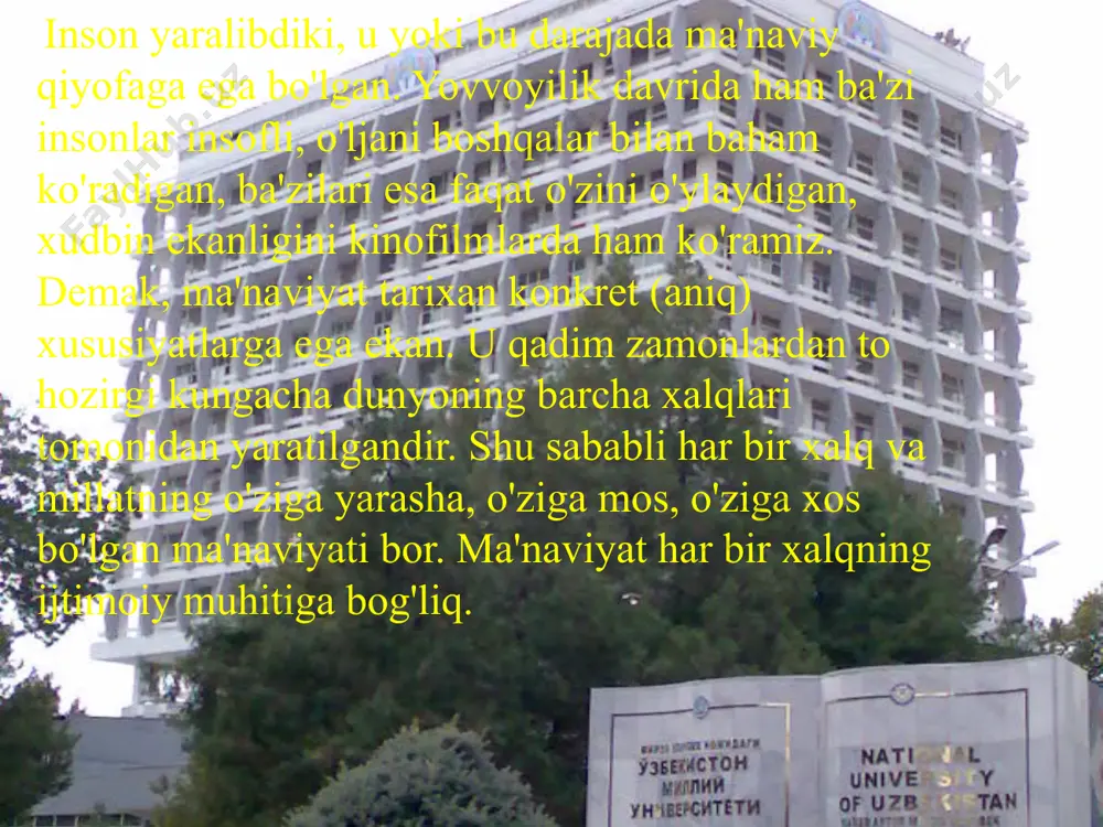 y hayotining barcha jabhalarini qamrab oladi. milliy qadriyatlarimiz istiqlol madaniyatini yaratishimizda negiz bo'lib xizmat qilmoqda. bu hol milliy mafkuramizda ham o'z ifodasini topib, jamiyatimiz taraqqiyotiga xizmat qilmoqda. qaysi mamlakatda bo'lmasin, jamiyatdagi yangilanish doimo madaniy merosning uyg'onishiga olib keladi. www.arxiv.uz masalan, sho'rolar zamonida yaratilib, uning siyosatini targ'ib etgan, kommunistik mafkura nuqtayi nazaridan yozilgan, endilikda o'z umrini yashab bo'lgan qancha-qancha asarlarni bugungi kun uchun ham, kelajak uchun ham qadriyat sifatida qarab bo'lmaydi. to'g'ri, ular meros, lekin madaniy meros emas, ularni tarixiy fakt sifatida saqlab qolish mumkin, xolos. demak, madaniy merosning qadri abadul-abad tushmaydigan qismiga milliy qadriyatlar deyiladi. o'zbekistonda istiqlol sharofati bilan milliy qadriyatlar qayta tiklanmoqda. www.arxiv.uz mintaqaviy qadriyatlar iqtisodiyoti, madaniyati, tili, tarixi, dini, urf -odat va an’analari mushtarak bo’lgan xalqlar manfaatlariga xizmat qiladigan tabiiy va ijtimoiy hodisalar majmuasini tashkil etadi. umuminsoniy qadriyatlar mazmuni jihatidan chuqur va keng bo’lib, umumbashariy ahamiyat kasb etadi. umuminsoniy qadriyatlar barcha millatlar, elatlar va xalqlarning maqsad va intilishiga …