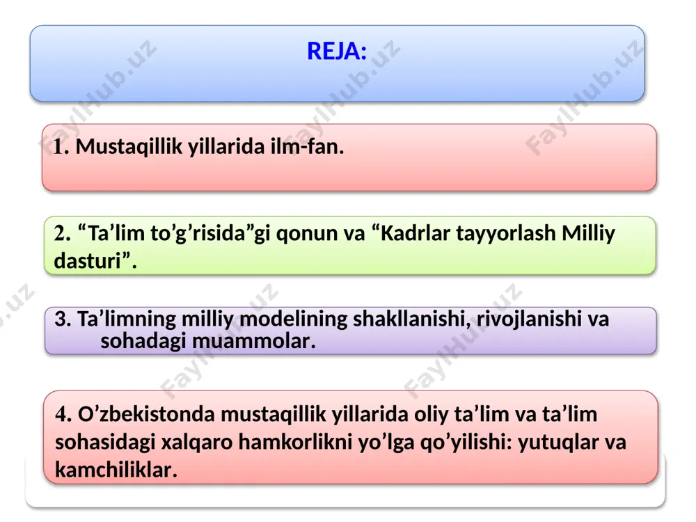 qo‘mitasi tashkil etildi. qo‘mitaga fan va texnologiyalarni rivojlantirishning ustuvor yo‘nalishlarini ishlab chiqish, akademik va oliy ta’lim muassasalari fani integratsiyalashuviga, ilmiy sohadagi xalqaro hamkorlikni rivojlantirishga ko‘maklashish kabi vazifalar belgilab qo‘yildi. 2008-yildan buyon toshkentda innovatsion g‘oyalar, texnologiyalar va loyihalar yarmarkasi o‘tkazib kelinmoqda. 2008–2015-yillar o‘tkazilgan i – viii yarmarkalar doirasida jami 4000 dan ortiq ishlanmalar taqdim etildi. 2008-yildan buyon umumiy qiymati 113 mlrd.so‘mdan ortiq bo‘lgan 3000 dan ziyod shartnomalar tuzildi. obrazets teksta vtoroy uroven tretiy uroven chetvertiy uroven pyatiy uroven 1 - reja innovatsion g‘oyalar, texnologiyalar va loyihalar respublika yarmarkasi 10/11/2023 7 arxeologiya fani sohasida ham ma’lum siljishlar bo‘ldi. jumladan, 2002-yildan «o‘zbekistonda arxeologik tadqiqotlar» yillik to‘plamlari nashr etilib, ularda respublikamiz hududida olib borilayotgan arxeologik tadqiqotlarning umumlashma ilmiy xulosalari berib boriladi. 2010-yildan esa «o‘zbekiston arxeologiyasi» ilmiy jurnali chop etila boshlandi. fanning boshqa yo‘nalishlaridagi olimlar ham yirik natijalarni qo‘lga kiritishmoqda. fanlar akademiyasi o‘simlik moddalari kimyosi instituti tomonidan tayyorlangan 10 jildlik «tabiiy birikmalar (o‘simlik zaxiralari, tuzilishi …