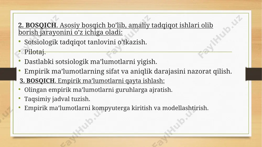 rli sоhаlаrini bir-birigа muvоfiqlаshtirish lоzim bo’lаdi. buni аmаlgа оshirishdа sоtsiоlоgiya fаnining imkоniyatlаridаn to’lа fоydаlаnish mаqsаdgа muvоfiqdir. empirik tаdqiqоtlаr tаjribаsidаn hаr хil sоhаdаgi vа kаsbdаgi хоdimlаr hаm o’z ishlаridа kеng fоydаlаnishlаri mumkin. e’tiboringiz uchun raxmat ! image5.png image6.png image3.png image4.png