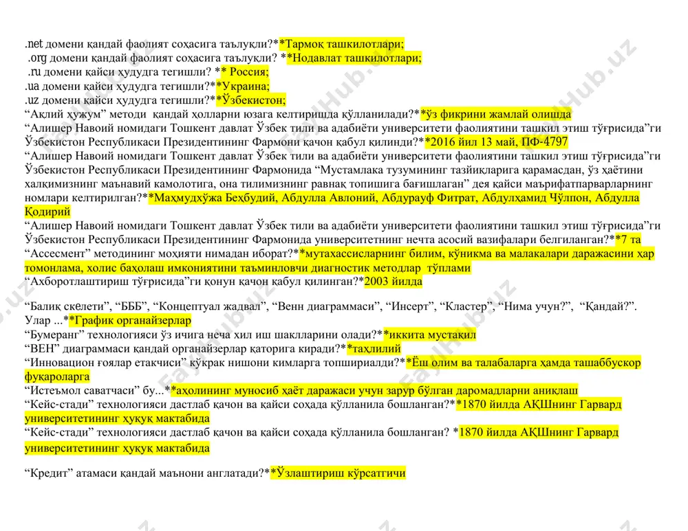 оҳасига таълуқли?**тижорат ташкилотлари; .edu домени қандай фаолият соҳасига таълуқли?**таълим ташкилотлари; .net домени қандай фаолият соҳасига таълуқли?**тармоқ ташкилотлари; .org домени қандай фаолият соҳасига таълуқли? **нодавлат ташкилотлари; .ru домени қайси ҳудудга тегишли? ** россия; .ua домени қайси ҳудудга тегишли?**украина; .uz домени қайси ҳудудга тегишли?**ўзбекистон; “ақлий ҳужум” методи қандай ҳолларни юзага келтиришда қўлланилади?**ўз фикрини жамлай олишда “алишер навоий номидаги тошкент давлат ўзбек тили ва адабиёти университети фаолиятини ташкил этиш тўғрисида”ги ўзбекистон республикаси президентининг фармони қачон қабул қилинди?**2016 йил 13 май, пф-4797 “алишер навоий номидаги тошкент давлат ўзбек тили ва адабиёти университети фаолиятини ташкил этиш тўғрисида”ги ўзбекистон республикаси президентининг фармонида “мустамлака тузумининг тазйиқларига қарамасдан, ўз ҳаётини халқимизнинг маънавий камолотига, она тилимизнинг равнақ топишига бағишлаган” дея қайси маърифатпарварларнинг номлари келтирилган?**маҳмудхўжа беҳбудий, абдулла авлоний, абдурауф фитрат, абдулҳамид чўлпон, абдулла қодирий “алишер навоий номидаги тошкент давлат ўзбек тили ва адабиёти университети фаолиятини ташкил этиш тўғрисида”ги ўзбекистон республикаси президентининг фармонида университетнинг нечта асосий вазифалари белгиланган?**7 та “ассесмент” методининг …