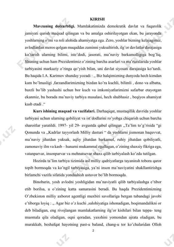 amol, ruhiy jihatdan qobiliyatli, zamonaviy ilm va kasb – hunarni mukammal egallagan, o’zining shaxsiy fikriga ega, vatanparvar, insonparvar va mehnatsevar shaxs qilib tarbiyalash ko’zda tutilgan. hozirda ta’lim tarbiya tizimida asl milliy qadriyatlarga tayaninsh tobora qaror topib bormoqda va ko’ngil tarbiyasiga, ya’ni inson ma’naviyatini shakllantirishga birlamchi vazifa sifatida yondashish ustuvor bo’lib bormoqda. binobarin, yosh avlodni yoshligidan ma’naviyatli qilib tarbiyalashga e’tibor etib borilsa, u o’zining katta samarasini beradi. bu haqda prezidentimizning o’zbekiston milliy axborot agentligi muxbiri savollariga bergan tubandagi javobi e’tiborga loyiq : ,, agar biz o’z kuchi ,salohiyatiga ishonadigan, boqimandalikni or deb biladigan, eng rivojlangan mamlakatlarning ilg’or kishilari bilan teppa- teng muomala qila oladigan, oqni qoradan, yaxshini yomondan ajrata oladigan, bu murakkab, beshafqat hayotning past-u baland, chang-u tor ko’chalaridan olloh bergan aql –zakovati bilan to’g’ri yo’lni topa olishga qodir bo’lgan barkamol avlodni tarbiyalab yetishtirsak , o’ylaymanki o’z maqsadimizga to’la erishgan bo’lamiz “. yurtboshimizning bu fikrlari yosh avlodni boshlang’ich sinflardayoq ma’naviy barkamol …