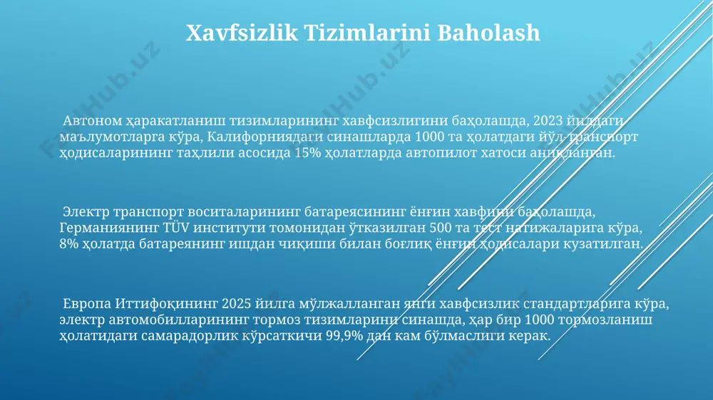shenzhen shahridagi zavodlarda ishlab chiqarilgan 48v litiyum-ion batareyalar, evropa standartlari boʻyicha 300 km masofani bosib oʻtish uchun zarur boʻlgan energiya zichligini ta'minlash maqsadida qat'iy sinovlardan oʻtkazildi. aqshning kaliforniya shtatida joylashgan laboratoriyalarda, 10 kvt quvvatli tezkor zaryadlash moslamalari yordamida oʻtkazilgan sinovlarda, batareyaning issiqlik generatsiyasi va termal boshqaruv tizimining samaradorligi oʻrganildi. quvvatlantirish infrastrukturasi muammolari oʻzbekistonning ayrim hududlarida, masalan, qoraqalpogʻiston respublikasida, 100 km masofada birorta tezkor quvvatlantirish stantsiyasi yoʻqligi avtomobillarni uzoq masofalarga haydashni qiyinlashtiradi. markaziy osiyo mamlakatlarida, shu jumladan oʻzbekistonda, elektr avtomobillar uchun quvvatlantirish infrastrukturasini rivojlantirishga 2025 yilgacha 1 milliard aqsh dollari miqdorida investitsiya kiritish rejalashtirilgan boʻlsa-da, bu mablagʻ yetarli emasligi taxmin qilinmoqda. 2023 yil holatiga koʻra, toshkent shahrida mavjud boʻlgan 50 ta tezkor quvvatlantirish stantsiyasining 20 foizi uzluksiz ishlamaydi, bu esa haydovchilar uchun noqulaylik tugʻdiradi. e'tiboringiz uchun rahmat @taqdimot_robot