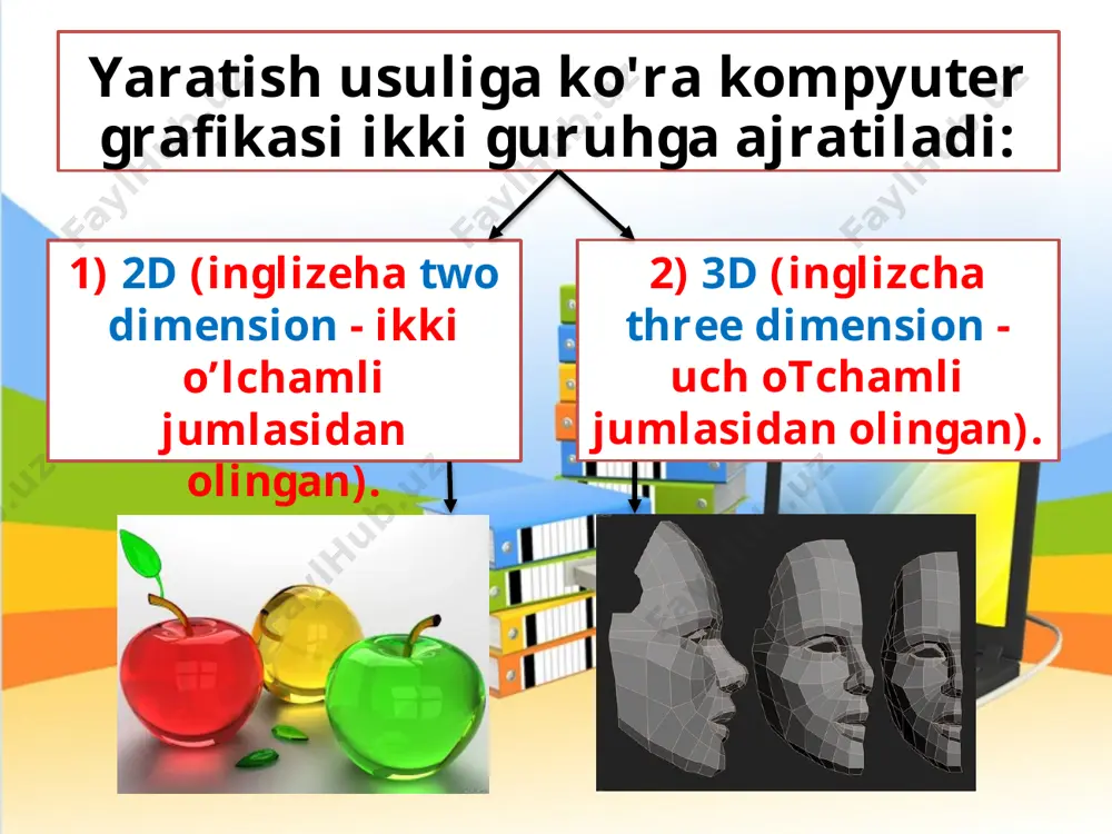 ko'rinishi ifodalanadi, saqlanadi va tasvirlanadi. vektor grafikasidan chizmalar, animatsiyalar yaratishda keng foydalaniladi. operatsion tizimdagi shriftlar vektor grafikasi asosida yaratilgan va ularning yuqori sifati barcha tomonidan e’tirof etilgan fraktal so‘zi lotincha fractus so'zidan olingan bo’lib, maydalangan, bo’lib chiqilgan degan ma’noni bildiradi. fraktallar deb o‘ziga o‘xshash qismlardan iborat bo’lgan geometrik shakllarga aytiladi. fraktal atamasi fanga 1975-yili kiritilgan bo’lib, u qisqa vaqt ichida juda ommaviylashib ketdi. fraktallar oddiy matematik formulalar yordamida ajoyib tasvirlar yaratish imkonini beradi. savol va topshiriqlar 1. ikki otchamli kompyuter grafikasi turlarini, ularning afzalliklarini aytib bering. 2. rastrli grafika o‘lchami nima va uni saqlash uchun qancha xotira kerak bo‘ladi? 3. fraktallar haqida nimalami bilasiz? 4. uch o‘lchamli grafika haqida nimalami bilasiz? 5. kvadrat chizing. uni to‘qqizta kvadratga ajrating. burchaklardagi to‘rtta kvadratni olib qolib, qolganlarini o‘chirib tashlang. qolgan kvadratlami ham shu usulda qayta ishlang. image3.jpeg image4.png image5.jpeg image6.jpeg image7.jpeg image8.emf image9.jpeg image10.jpeg image11.jpeg image12.emf image13.jpg image14.jpeg image15.jpeg image16.emf image17.jpg image1.jpeg image2.jpeg