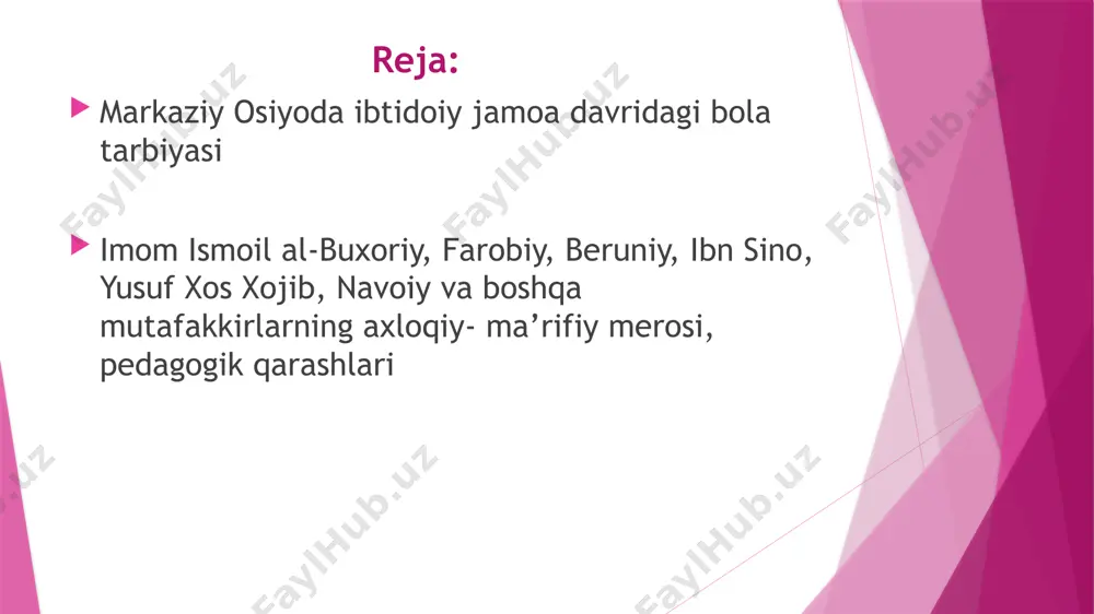 qiluvchi ruhiy jarayonlarga alohida e’tibor beradi. u o’zining “baxt- saodatga erishuv haqida” , “fanlarning tasnifi” , “ falsafani o’zganishdan oldin nimani bilish kerakligi to’g’risida” , “ilmlar va sanatlar fazilati” kabi ko’plab risolalarida insonning ma’naviy rivojlanishi ilm ma’rifatga bog’liqligini ta’kidlaydi. abu rayhon beruniy bilim umuminsoniy qadiryatlarni o’rganishning kaliti ekanligini alohida ta’kidlaydi. ilm- ma’rifatli odam jamiyat taqdiri, insonlar taqdiri uchun kurashuvchan, kurashuvchan, barcha yomonliklardan uzoqdir. “ilmning foydasi ochko’zlik bilan oltin- kumush to’plash uchun bo’lmay, balki u orqali inson uchun zarur narsalarga ega bo’lishdir” . umuman, abu rayhon beruniy ilm- fanning buyuk homiysi va muxlisi sifatida mamlakatning obodonchiligi ilm- fanning gullashida, odamning baxti esa uning bilim va ma’rifatida deb bildi. yaratgan asarlarida u ta’lim- tarbiyaga doir she’r va hikmatlardan misollar keltirib, ular orqali har bir inson o’z qalbining farmoyishiga ko’ra xayr- ergulikka intilishi, sun’iy obro’, shuhrat qozonish uchun muruvvat va sharofat ko’rsatmasligi kerakligni ta’kidlaydi yusuf xos hojibning “qutadg’u bilig” asarida aqliy , axloqiy …