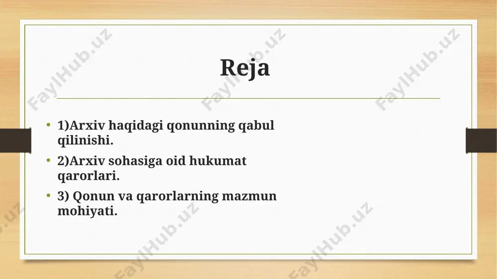 n islohotlar siyosiy va iqtisodiy masalalarni hal qilish bilan birga, jamiyat munosabatlariga huquqiy ta’sirni kuchaytirish, qonun himoyasini mustahkamlash va rivojlantirishni talab etadi. о‘tgan davr mobaynida о‘zbekistonda qonunchilik tizimi о‘zgartirilib, uning ba’zi bir sohalari deyarli yangidan shakllantirildi. turli xil huquqiy sohalarning moslashuviga asoslangan, kompleks xarakterga ega bо‘lgan qonunlar qabul qilindi. buning amaliy natijasi sifatida 1999- yil 15-apreldagi о‘zbekiston respublikasining «arxivlar tо‘g‘risida»gi qonuni qabul qilingan. milliy arxiv fondi haqida tushuncha. «arxivlar tо‘g‘risida»gi qonunga muvofiq respublika arxiv ishi sohasida ilk bor «milliy arxiv fondi» tushunchasi kiritilib, u davlat va nodavlat fondlardan tashkil topadi deb belgilandi. milliy arxiv fondining mulk shakliga kо‘ra ajratilishi respublikamizning ijtimoiy, siyosiy, iqtisodiy rivojlanishiga tо‘liq mos keladi. qonunda hujjatlarga ega bо‘lgan yuridik va jismoniy shaxslarning arxivlarini tuzish va ulardan foydalanish huquqlari ham mustahkamlangan. 1999- yildagi hukumat qarori. о‘zbekiston respublikasi oliy majlisining «arxivlar tо‘g‘risida»gi qonuni moddalarining amalda bajarilishini va ularga rioya etish ustidan ta’sirchan nazorat о‘rnatish maqsadida 1999- yil 30- oktabrda …